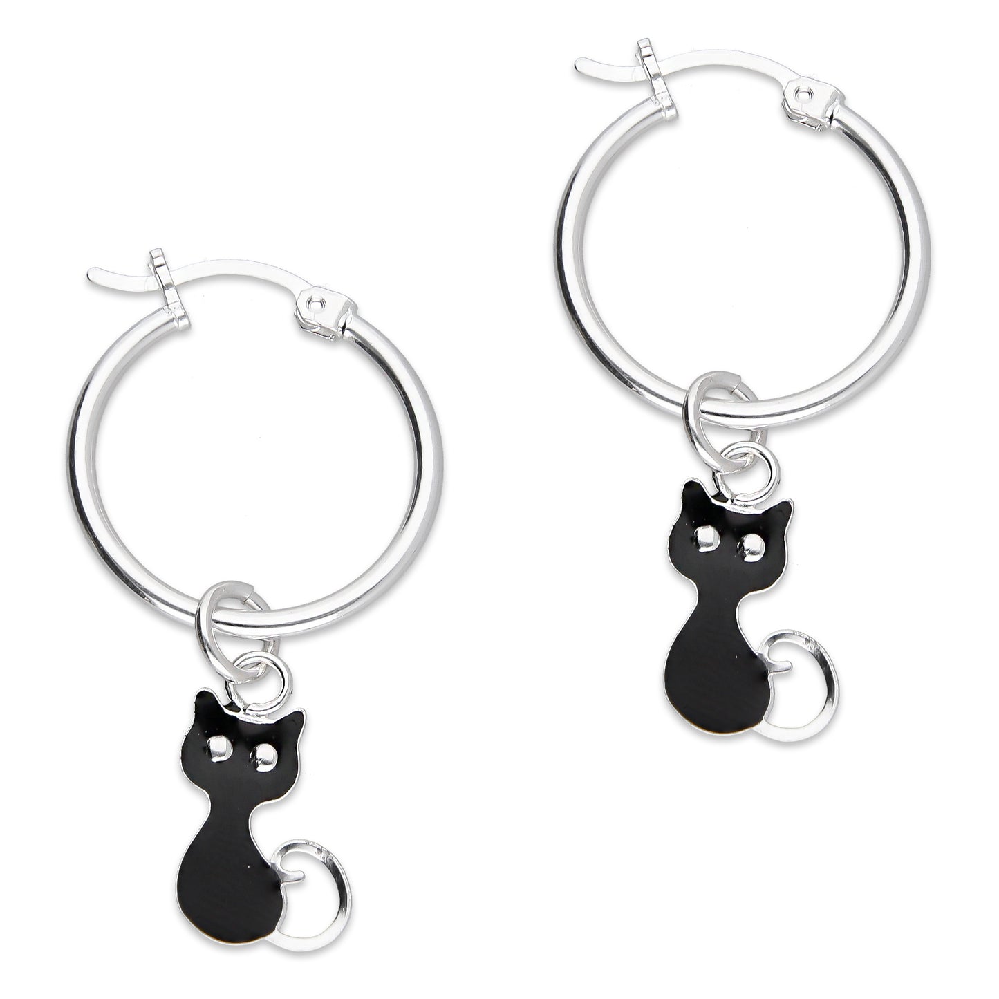 LPYAL007 Arracada Lisa con Colgante 19 mm Gatos Negros en Plata .925 5465198640