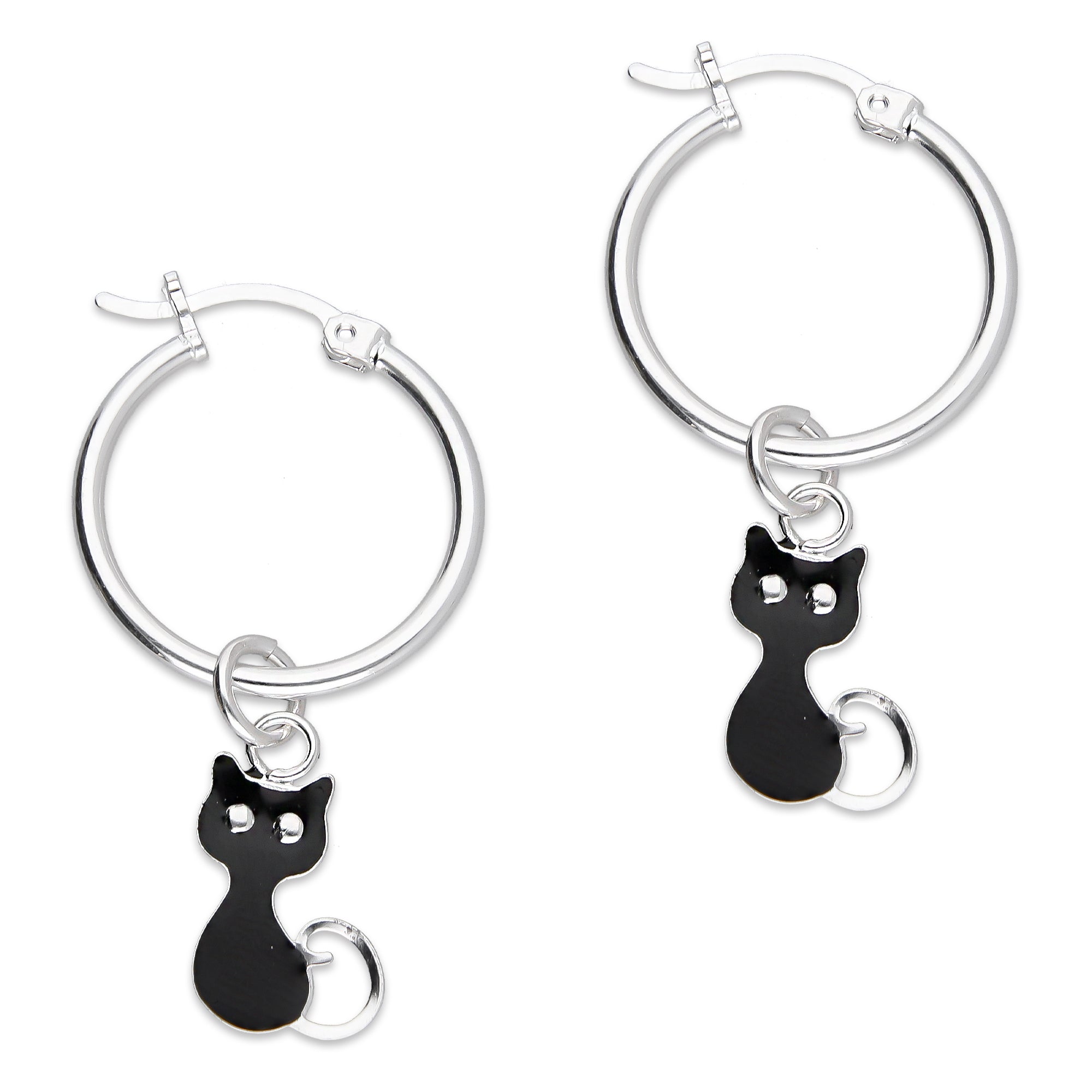 LPYAL007 Arracada Lisa con Colgante 19 mm Gatos Negros en Plata .925 5465198640