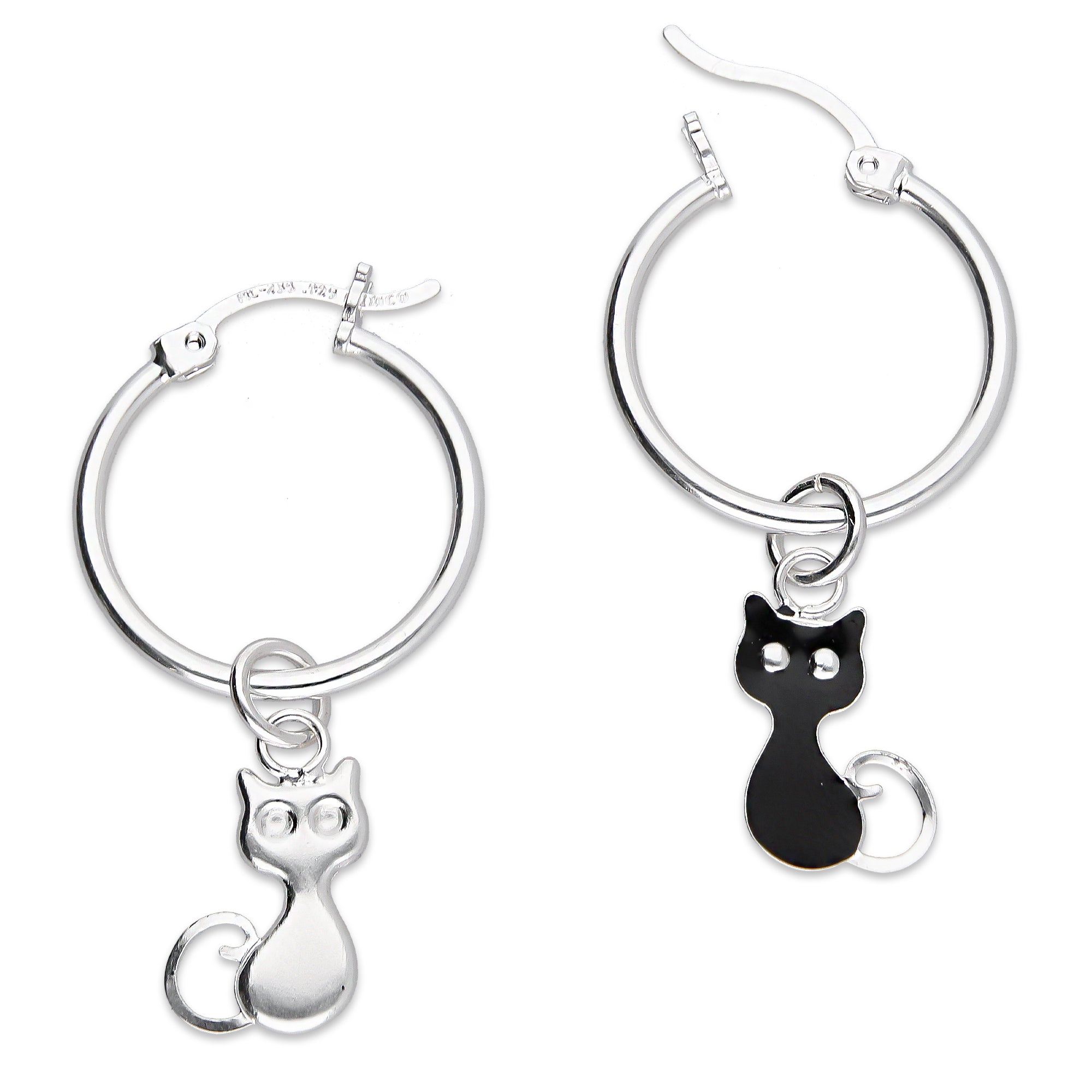 LPYAL007 Arracada Lisa con Colgante 19 mm Gatos Negros en Plata .925 5465198640