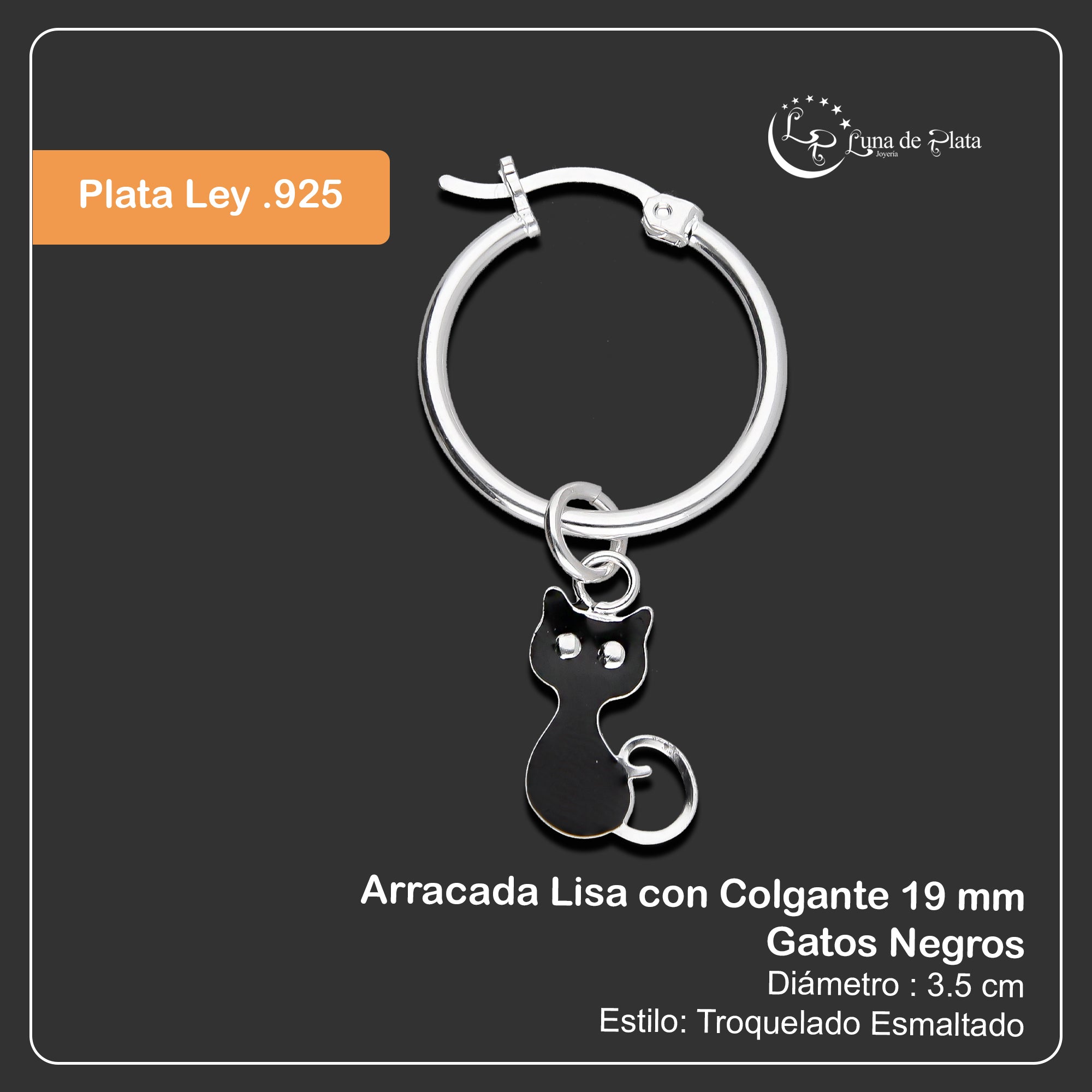 LPYAL007 Arracada Lisa con Colgante 19 mm Gatos Negros en Plata .925 5465198640