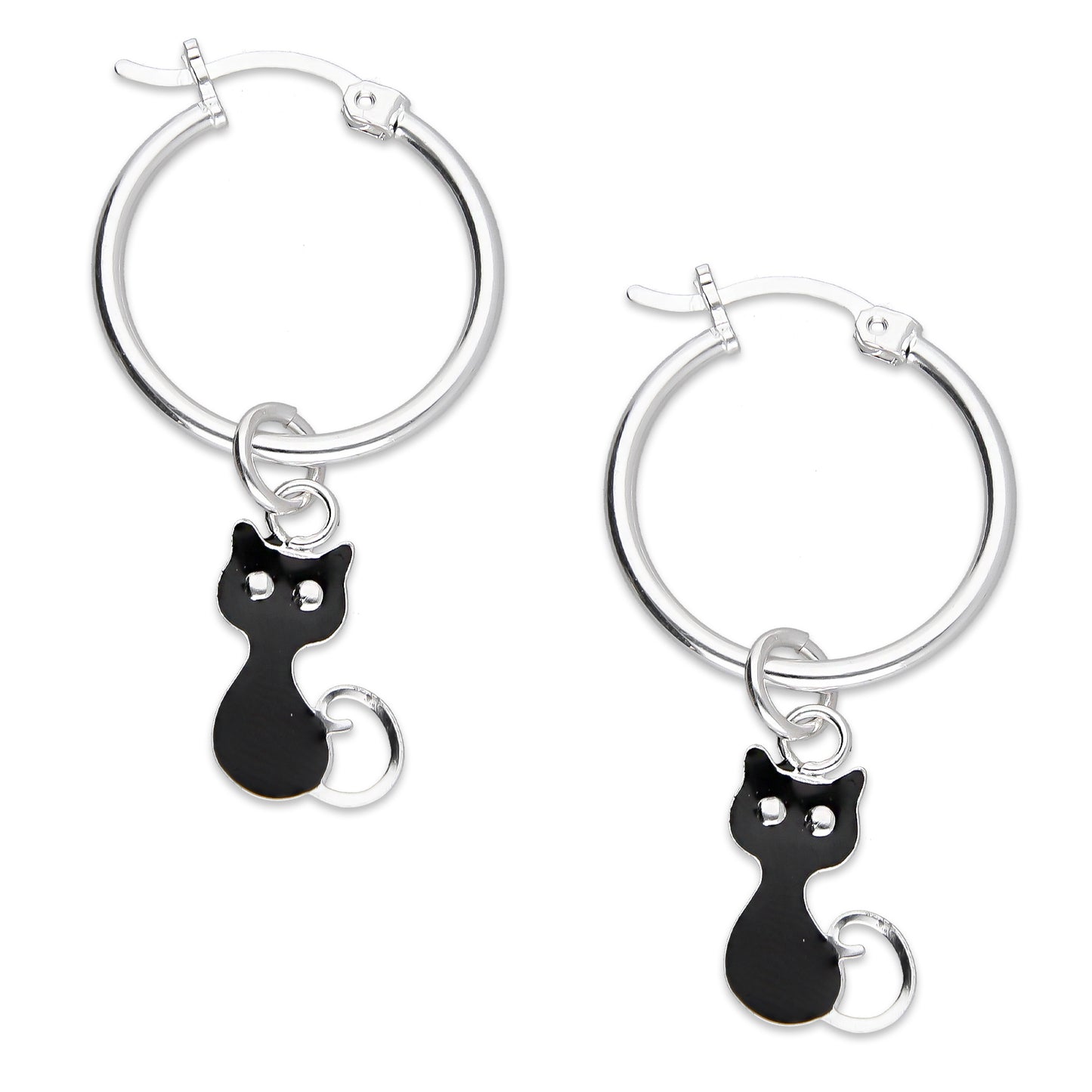 LPYAL007 Arracada Lisa con Colgante 19 mm Gatos Negros en Plata .925 5465198640