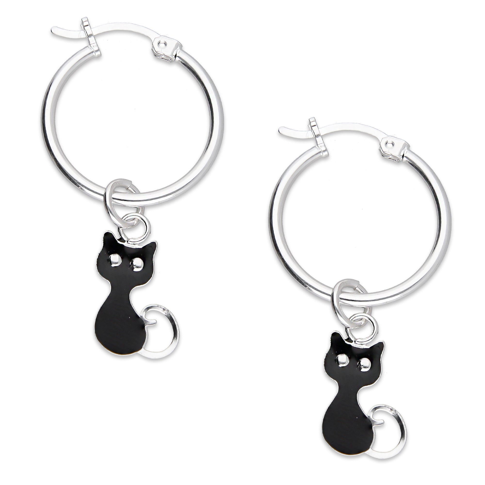 LPYAL007 Arracada Lisa con Colgante 19 mm Gatos Negros en Plata .925 5465198640