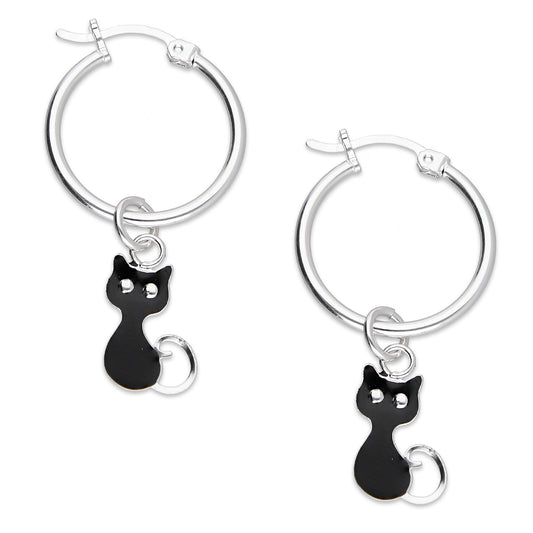 LPYAL007 Arracada Lisa con Colgante 19 mm Gatos Negros en Plata .925 5465198640