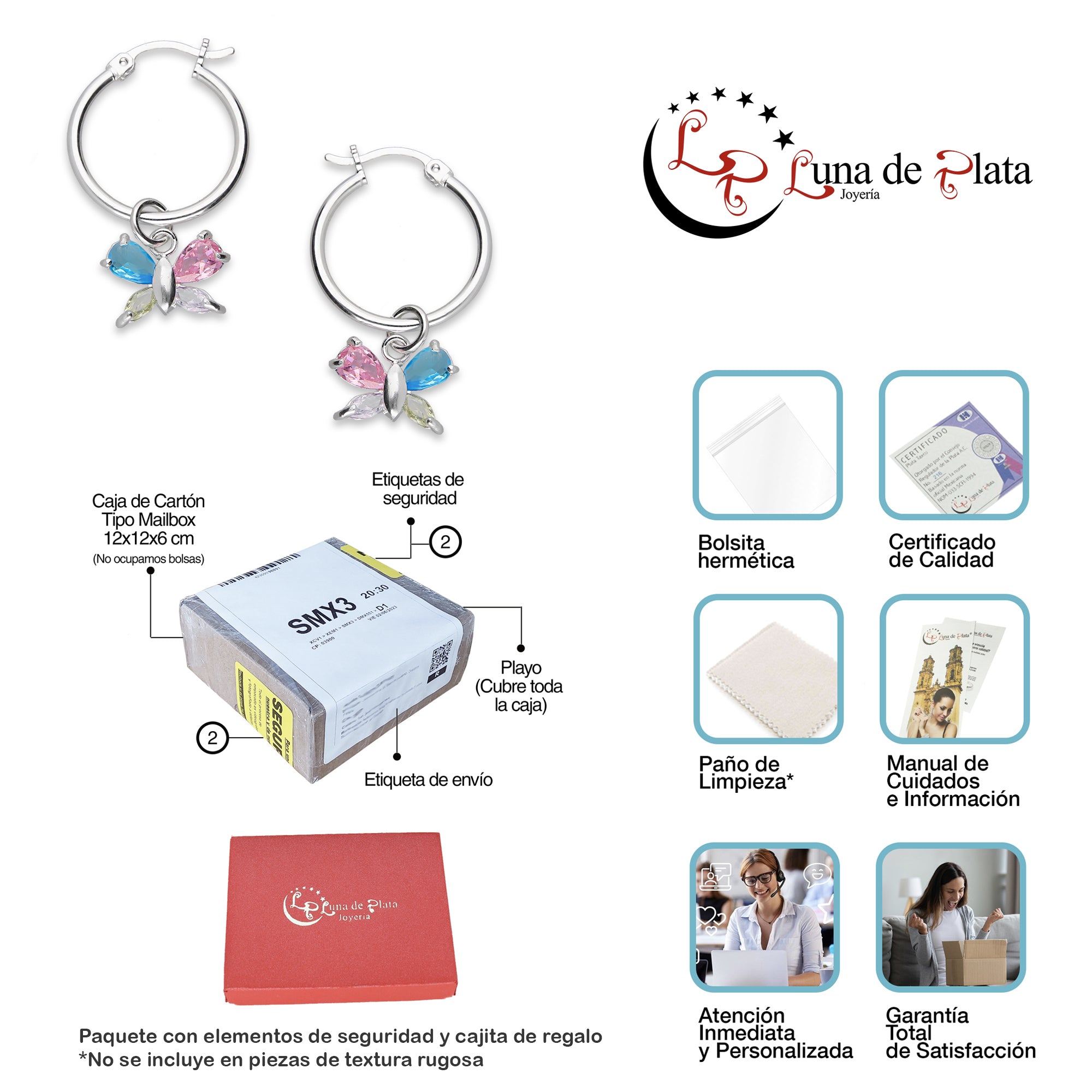LPYAL008 Arracada Lisa con Colgante 19 mm Mariposa 4 P Multicolor en Plata .925 5465110722