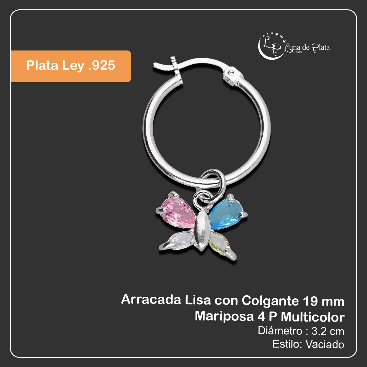 LPYAL008 Arracada Lisa con Colgante 19 mm Mariposa 4 P Multicolor en Plata .925 5465110722