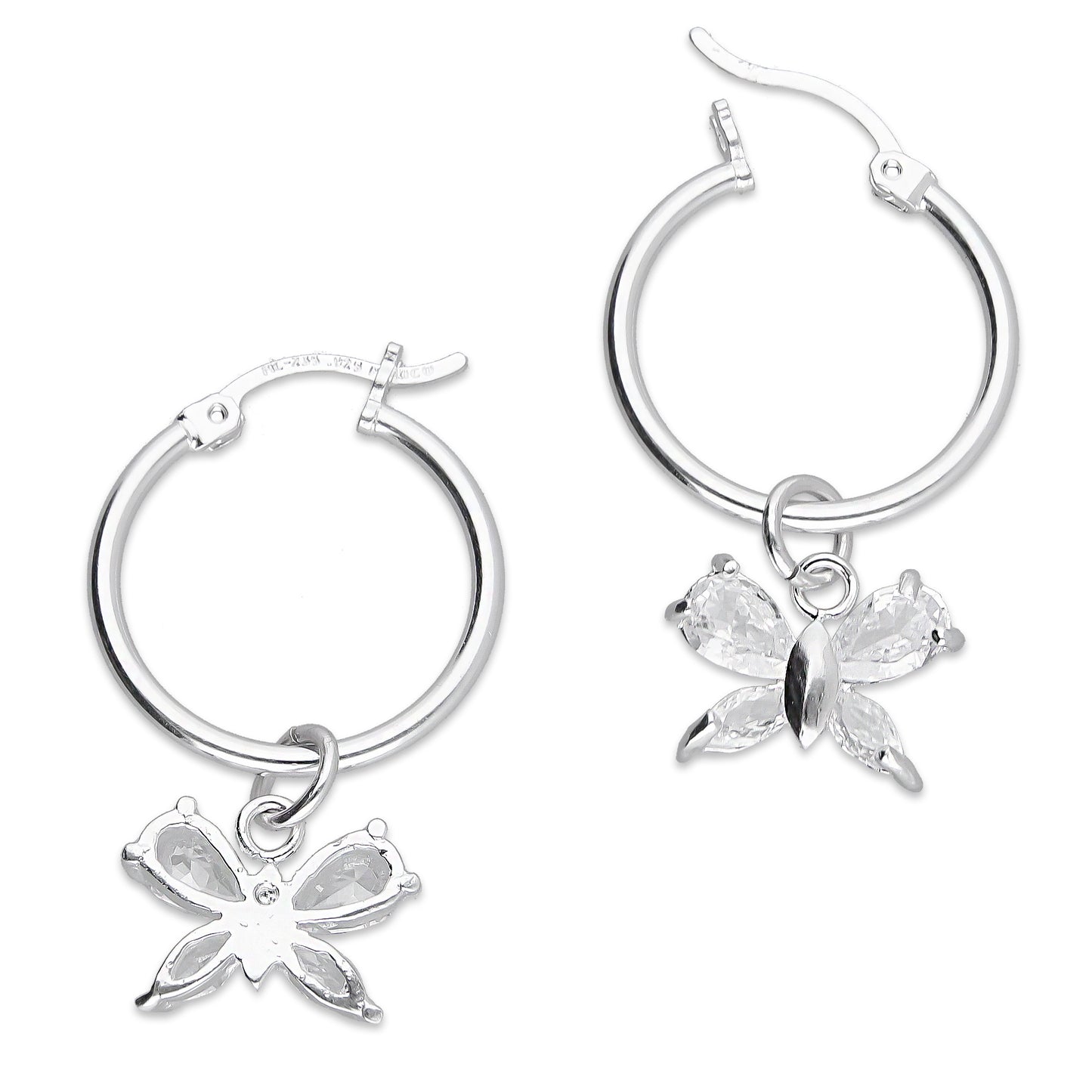 LPYAL009 Arracada Lisa con Colgante 19 mm Mariposa 4 P Blanca en Plata .925 5465072478
