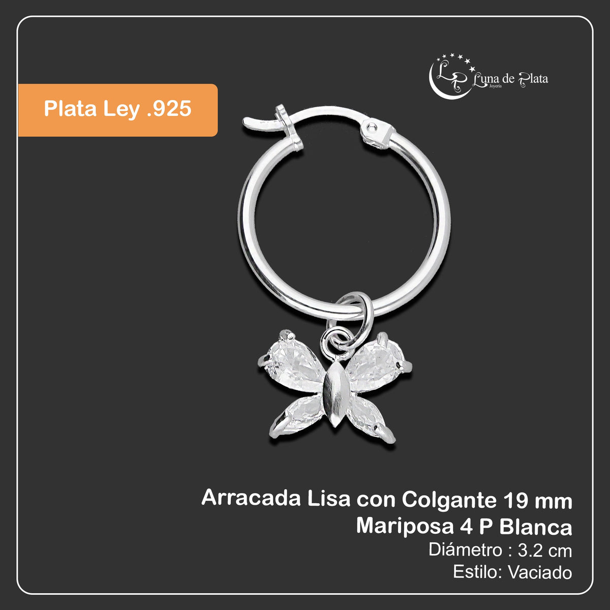 LPYAL009 Arracada Lisa con Colgante 19 mm Mariposa 4 P Blanca en Plata .925 5465072478