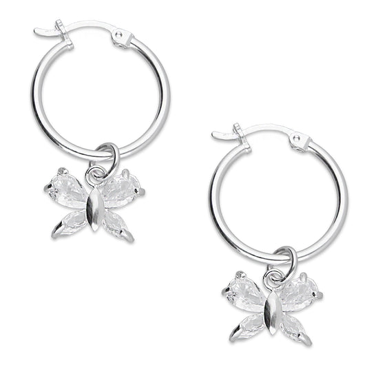LPYAL009 Arracada Lisa con Colgante 19 mm Mariposa 4 P Blanca en Plata .925 5465072478