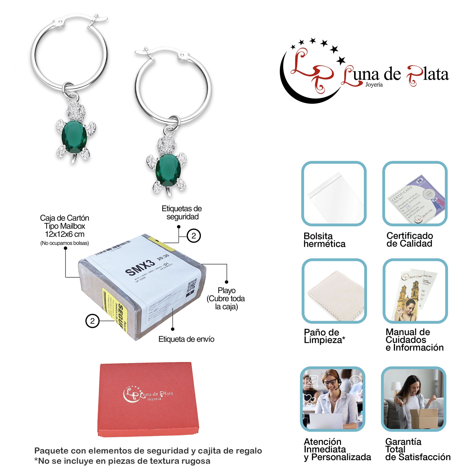 LPYAL011 Arracada Lisa con Colgante 19 mm Tortuga Verde en Plata .925 5465072480