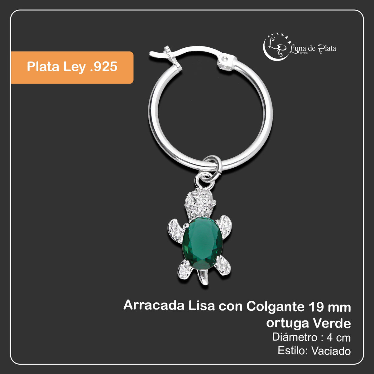LPYAL011 Arracada Lisa con Colgante 19 mm Tortuga Verde en Plata .925 5465072480