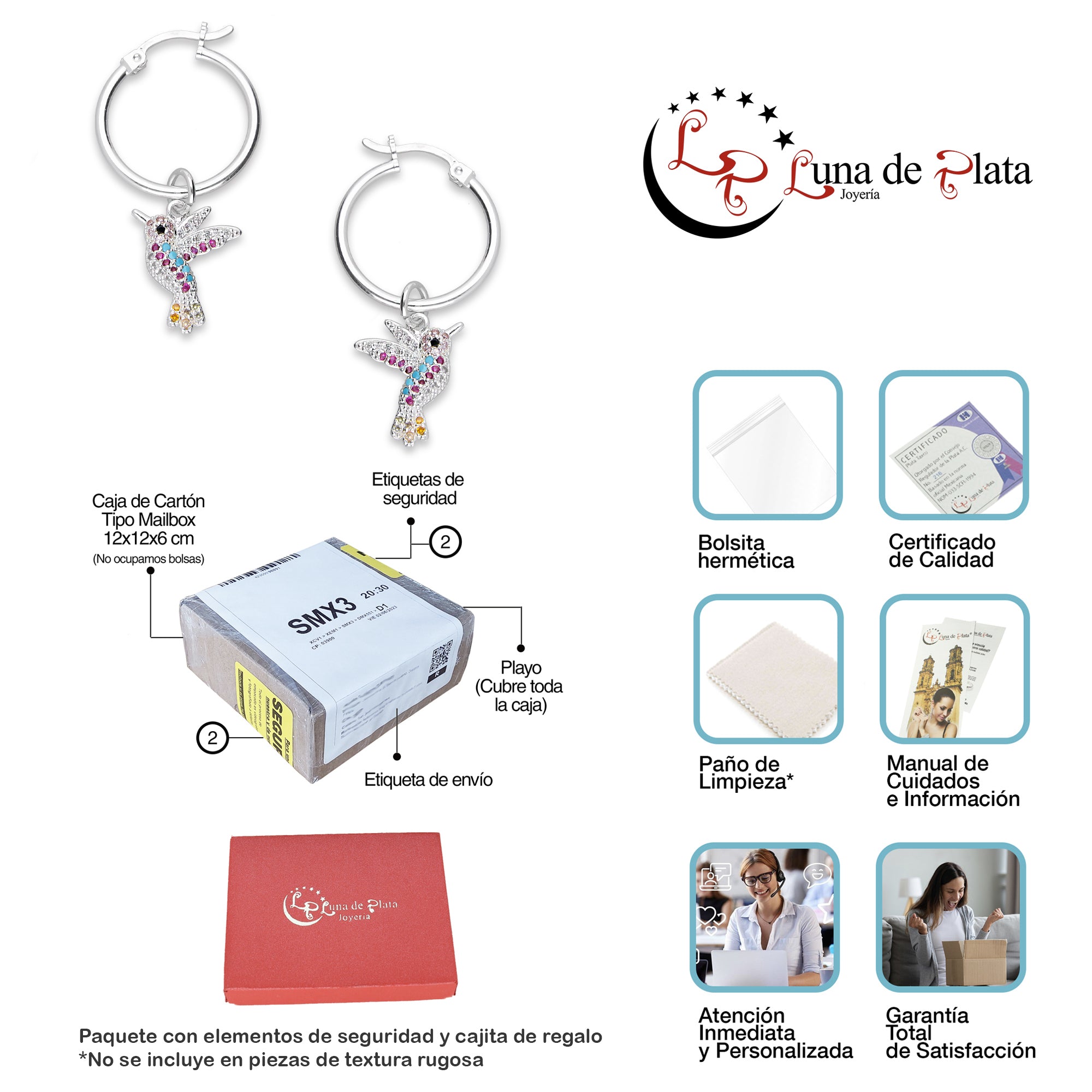 LPYAL012 Arracada Lisa con Colgante 19 mm Colibríes Multicolor en Plata .925 5465198642