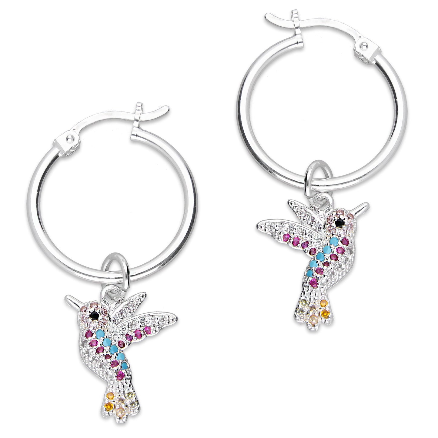 LPYAL012 Arracada Lisa con Colgante 19 mm Colibríes Multicolor en Plata .925 5465198642