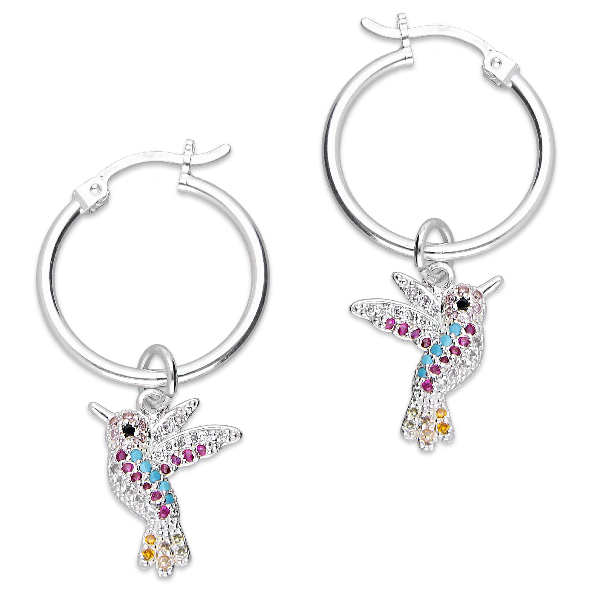 LPYAL012 Arracada Lisa con Colgante 19 mm Colibríes Multicolor en Plata .925 5465198642