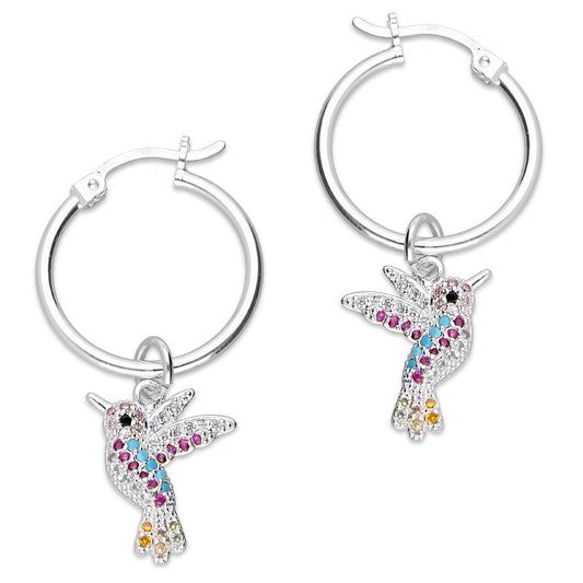 LPYAL012 Arracada Lisa con Colgante 19 mm Colibríes Multicolor en Plata .925 5465198642