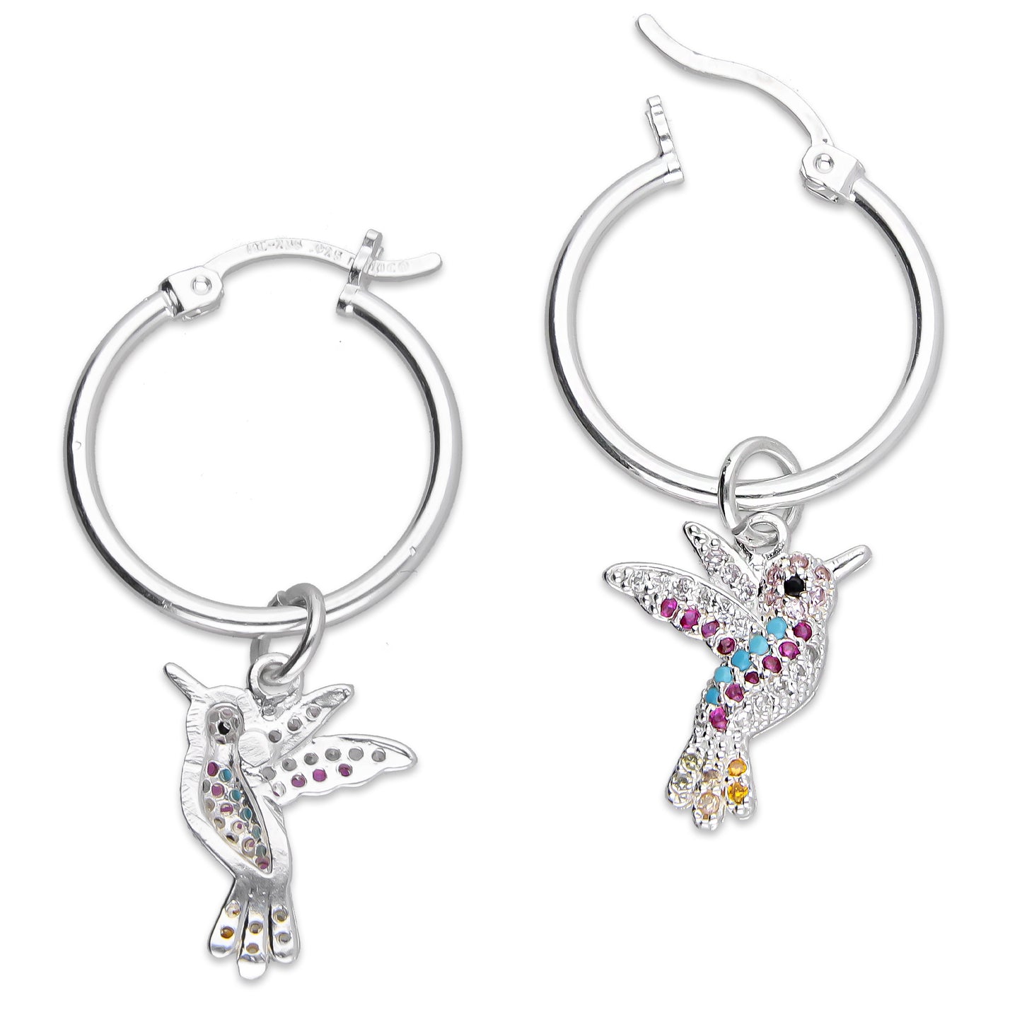 LPYAL012 Arracada Lisa con Colgante 19 mm Colibríes Multicolor en Plata .925 5465198642
