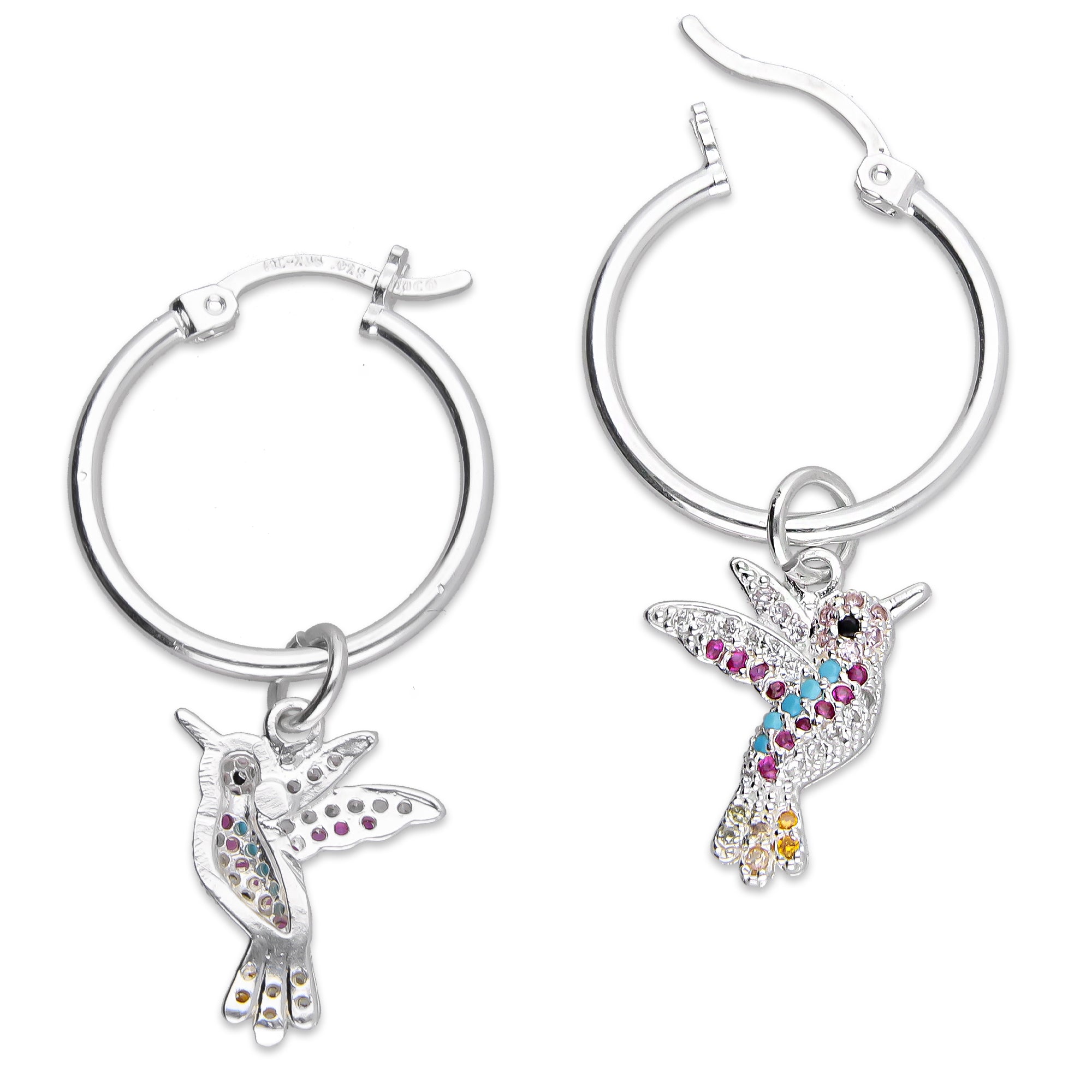 LPYAL012 Arracada Lisa con Colgante 19 mm Colibríes Multicolor en Plata .925 5465198642
