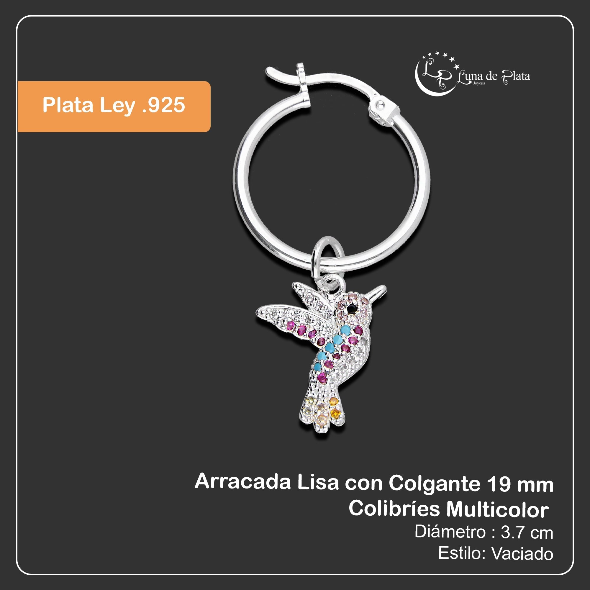 LPYAL012 Arracada Lisa con Colgante 19 mm Colibríes Multicolor en Plata .925 5465198642