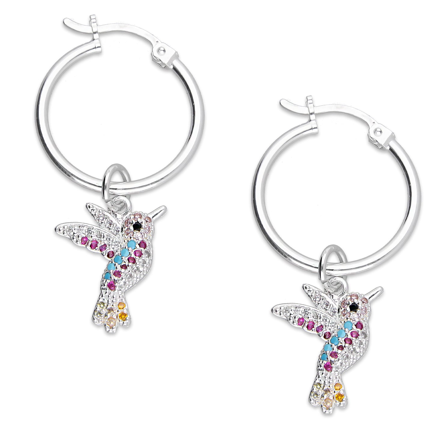 LPYAL012 Arracada Lisa con Colgante 19 mm Colibríes Multicolor en Plata .925 5465198642