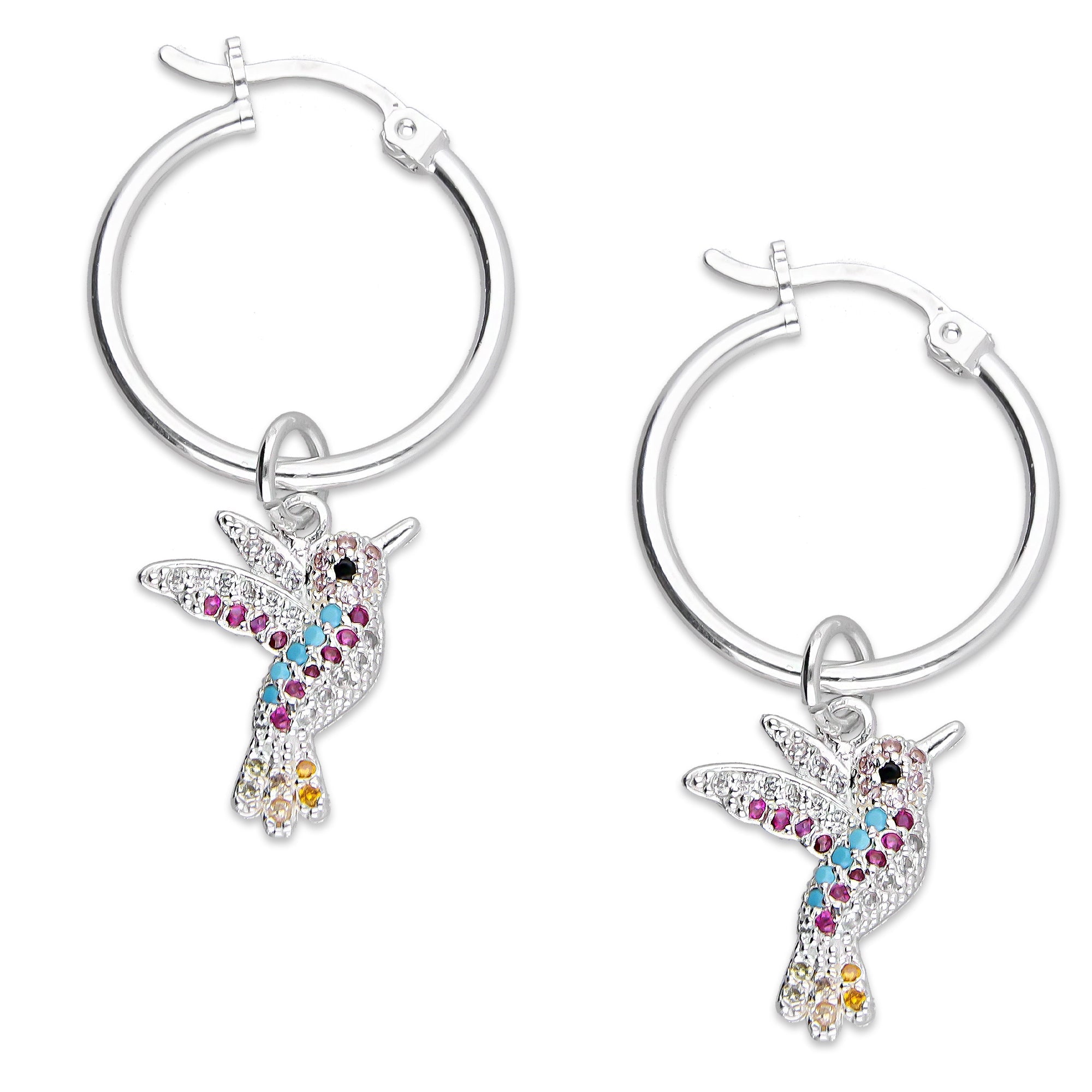 LPYAL012 Arracada Lisa con Colgante 19 mm Colibríes Multicolor en Plata .925 5465198642