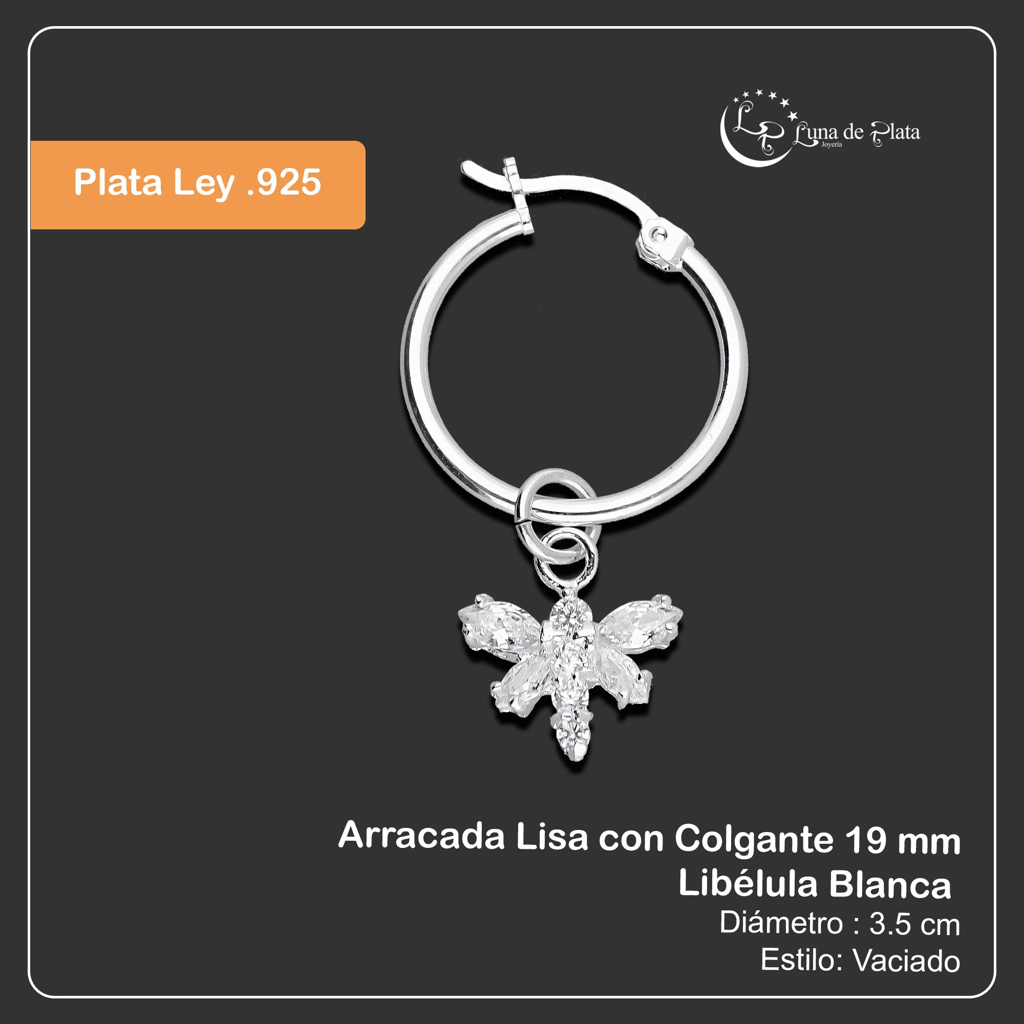LPYAL013 Arracada Lisa con Colgante 19 mm Libélula Blanca en Plata .925 5465072482