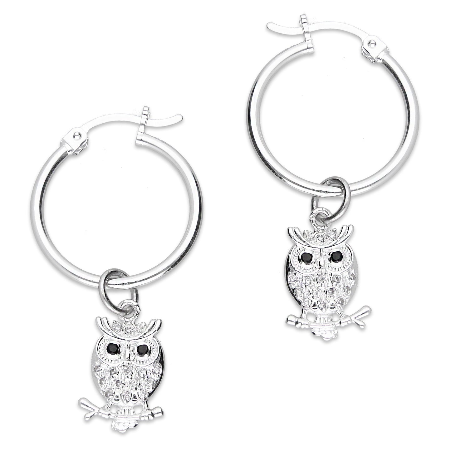 LPYAL014 Arracada Lisa con Colgante 19 mm Búho con Zirconias en Plata .925 5465110712