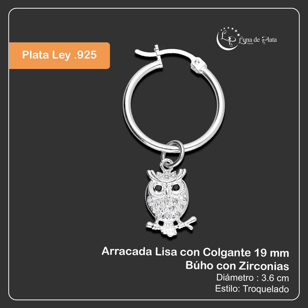 LPYAL014 Arracada Lisa con Colgante 19 mm Búho con Zirconias en Plata .925 5465110712