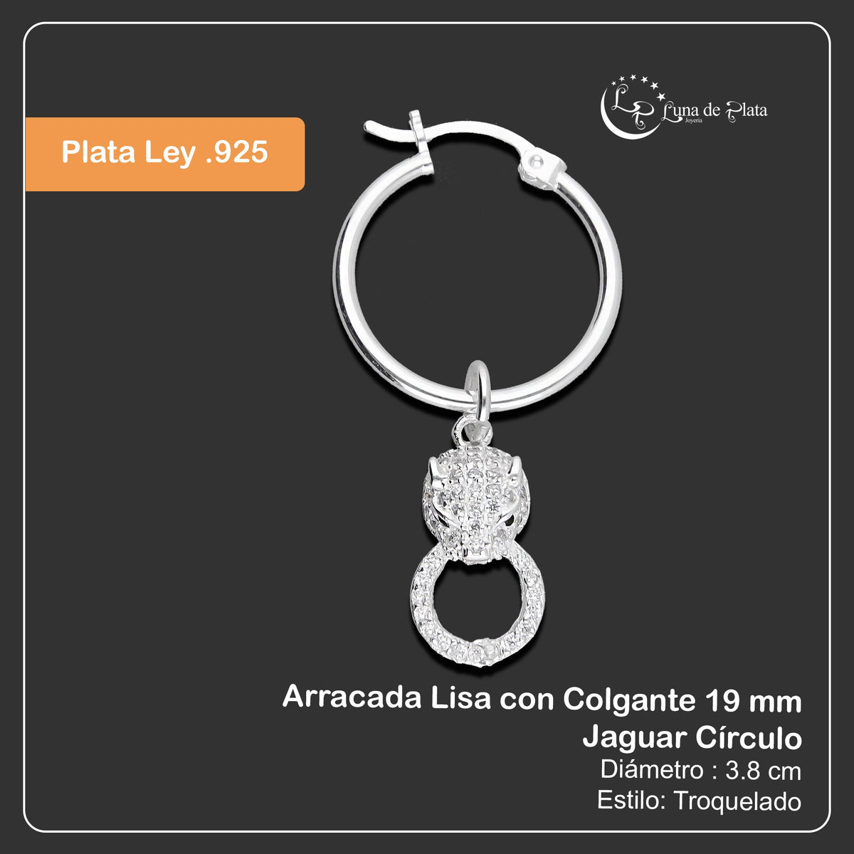 LPYAL015 Arracada Lisa con Colgante 19 mm Jaguar Círculo en Plata .925 5465300206
