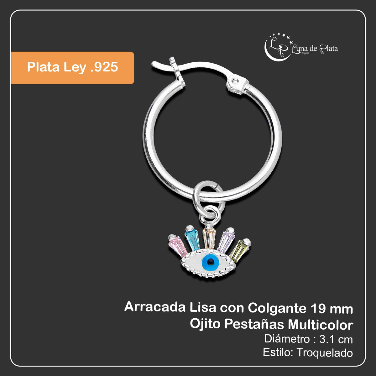 LPYAL016 Arracada Lisa con Colgante 19 mm Ojito Pestañas Multicolor en Plata .925 5465110714