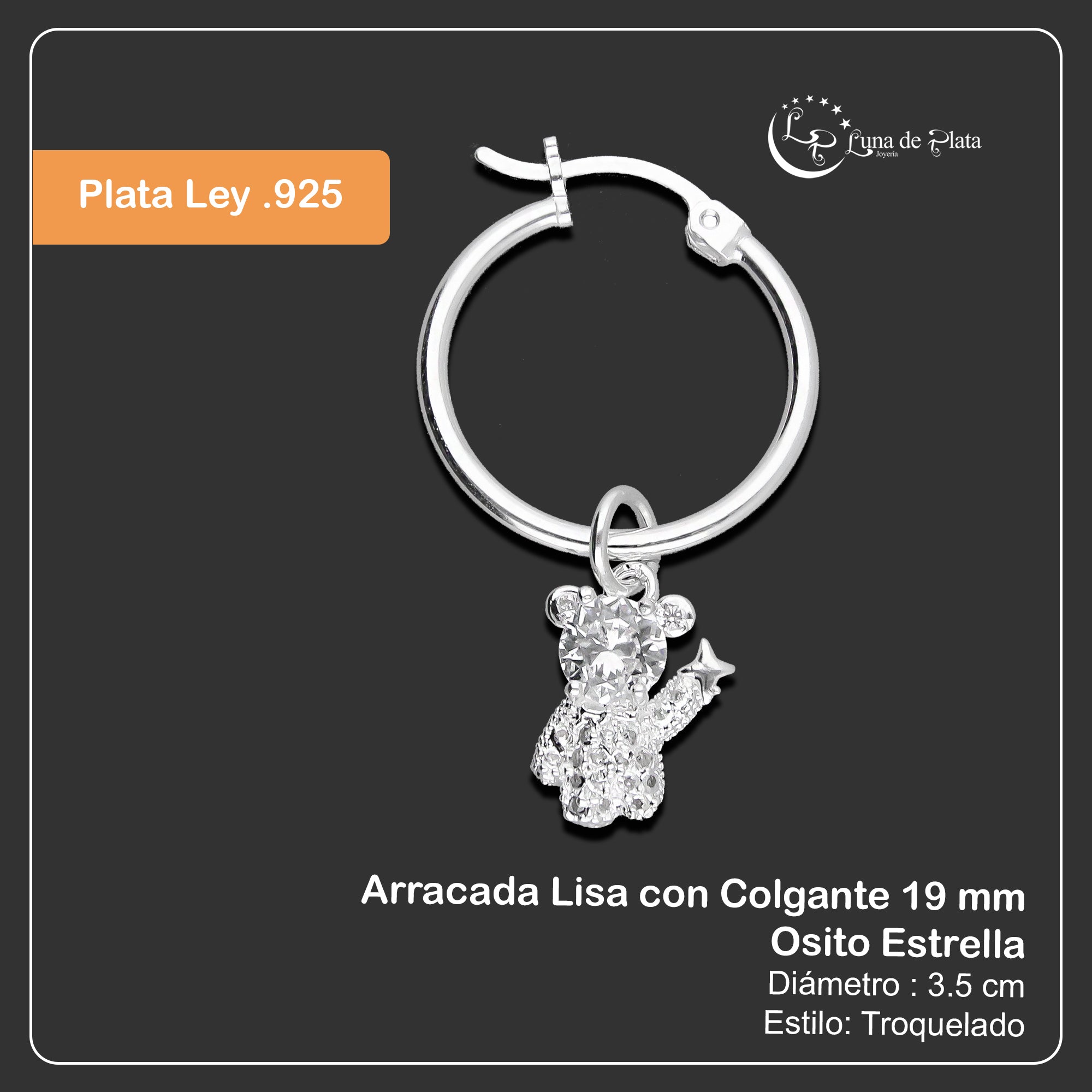 LPYAL017 Arracada Lisa con Colgante 19 mm Osito Estrella en Plata .925 2992932815