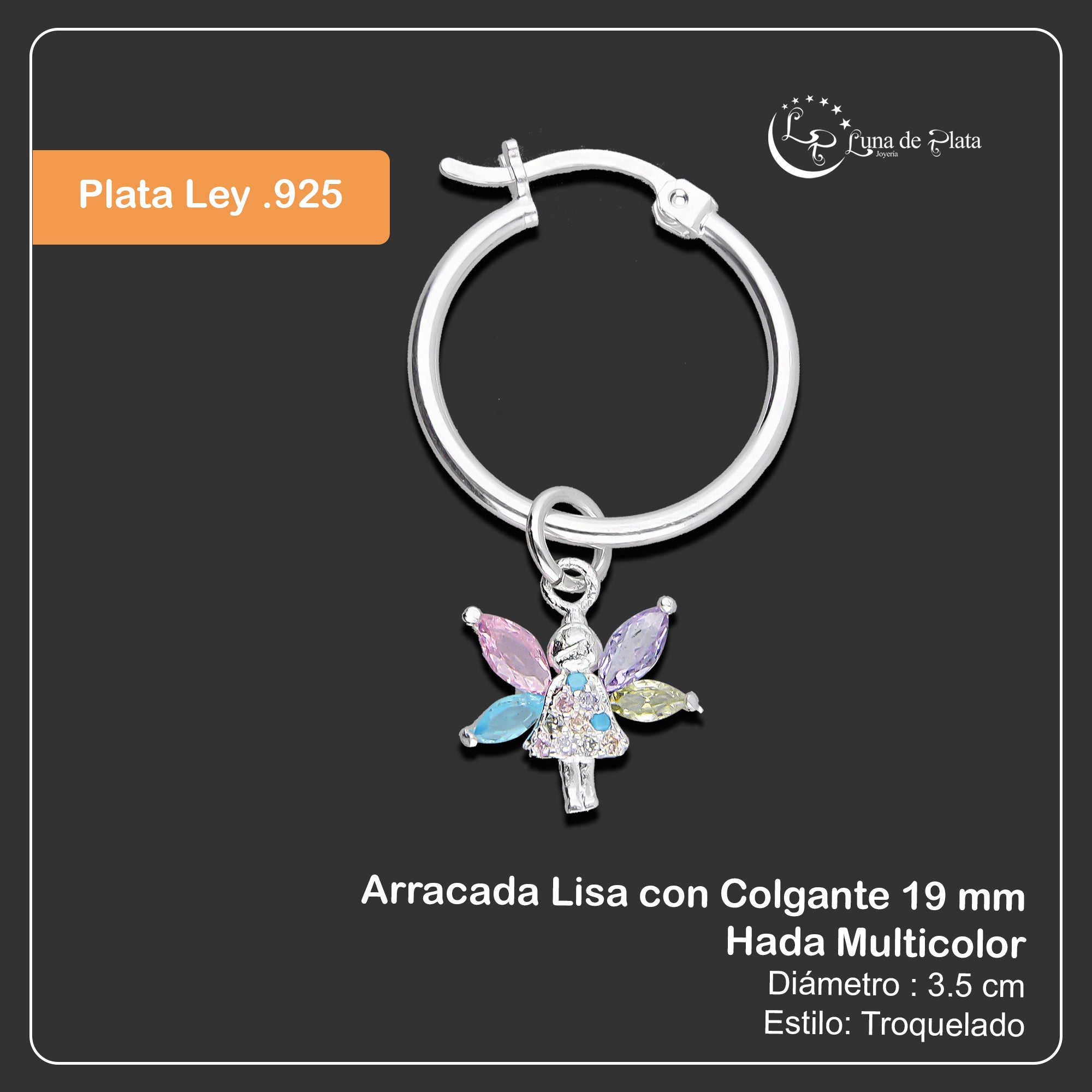 LPYAL019 Arracada Lisa con Colgante 19 mm Hada Multicolor en Plata .925 5465300196