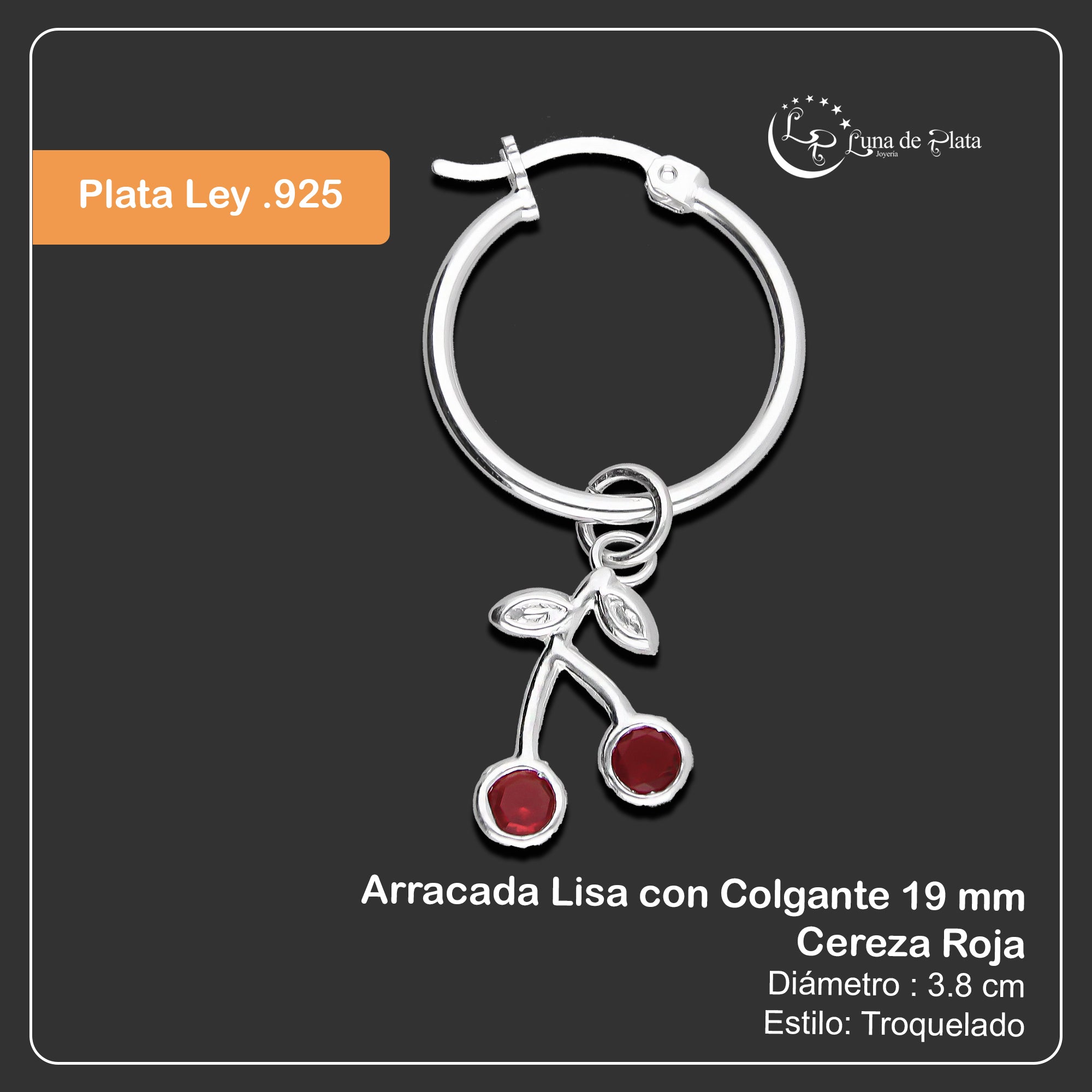 LPYAL020 Arracada Lisa con Colgante 19 mm Cereza Roja en Plata .925 5465198644