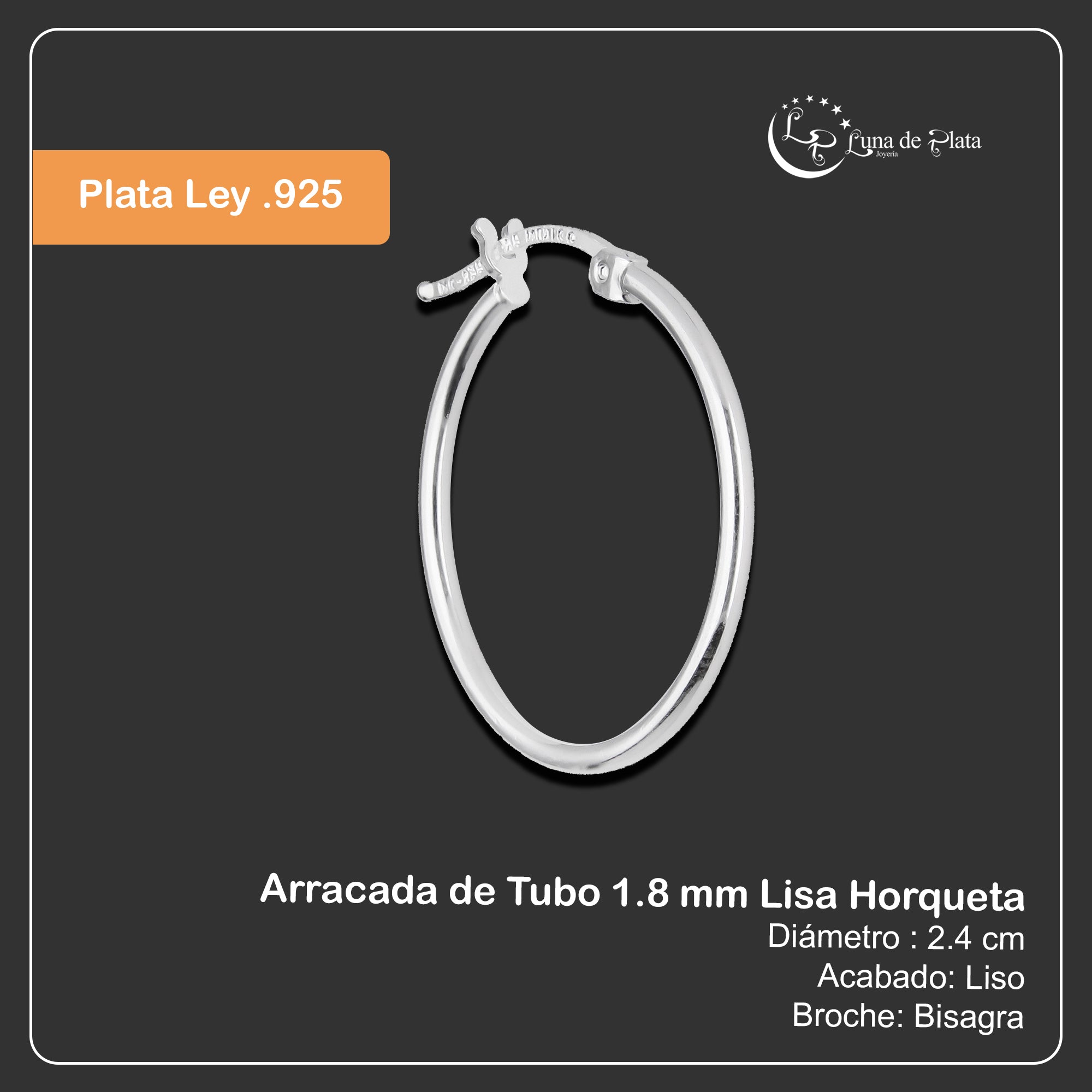 LPAL066 Arracada de Tubo 1.8 mm Lisa Horqueta 2.4 cm Diametro en Plata .925 5570389668