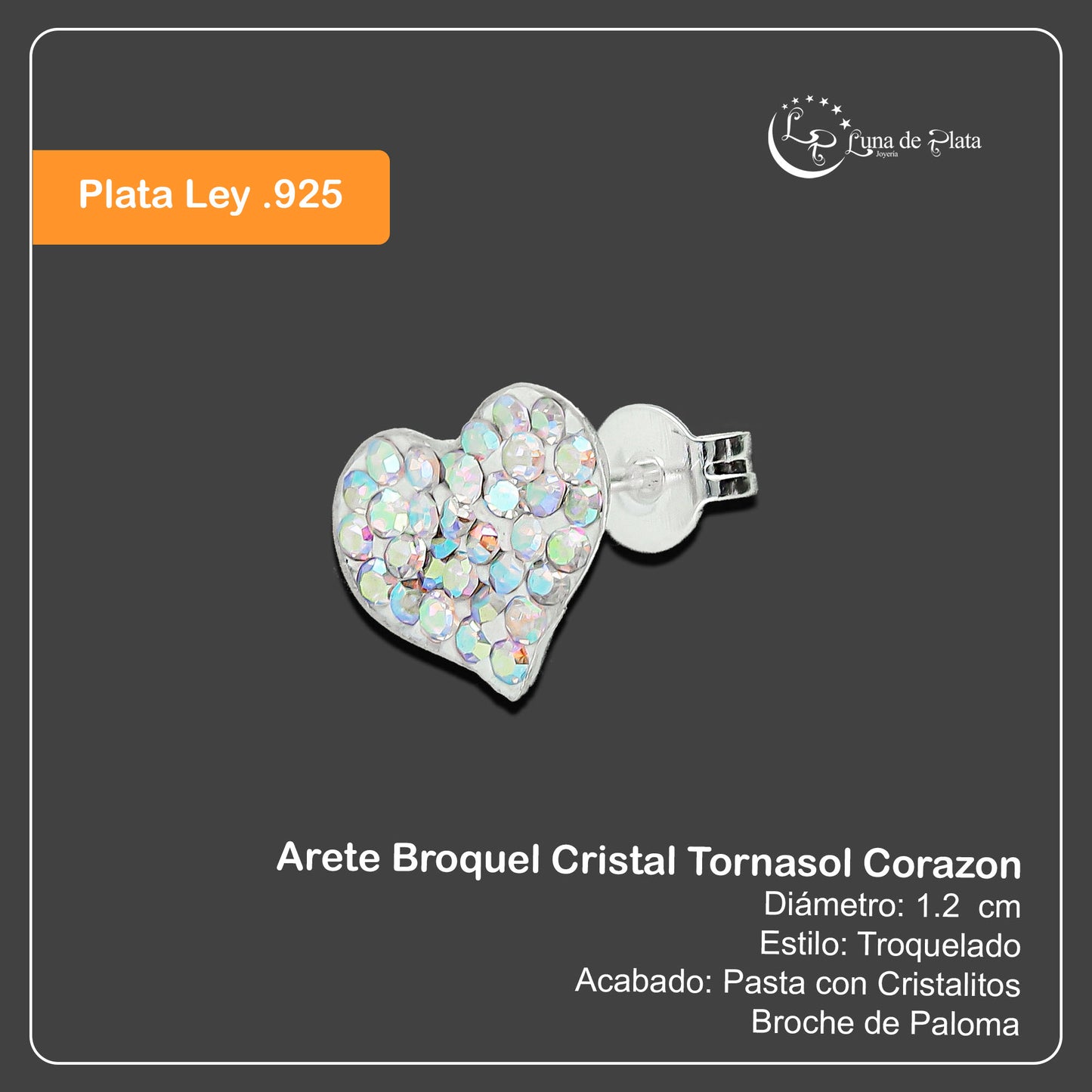 LPAP023 Arete Broquel Cristal Tornasol Corazón Plata Ley .925 Taxco 1353198873