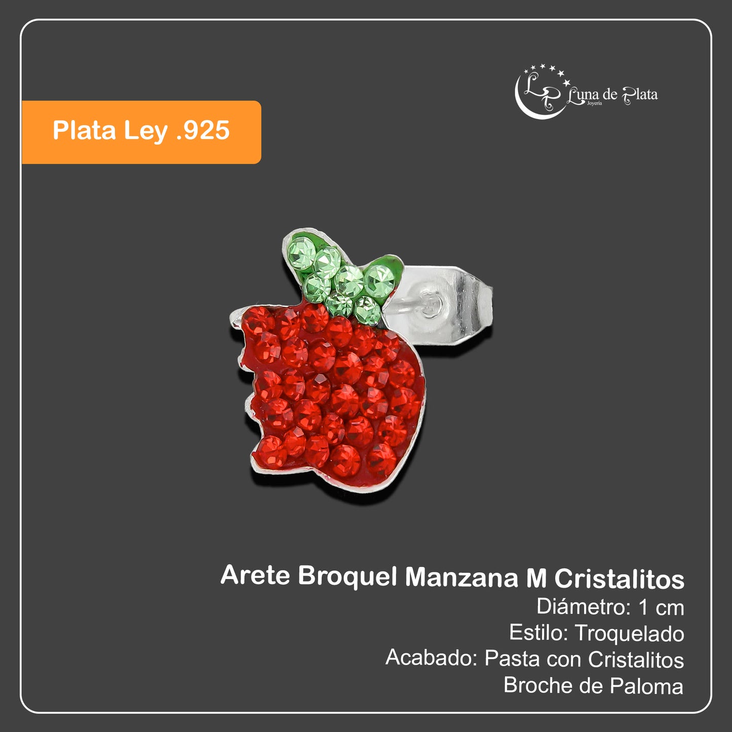 LPAP063 Arete Broquel Manzana M Cristalitos en Plata .925 Taxco 2865946618