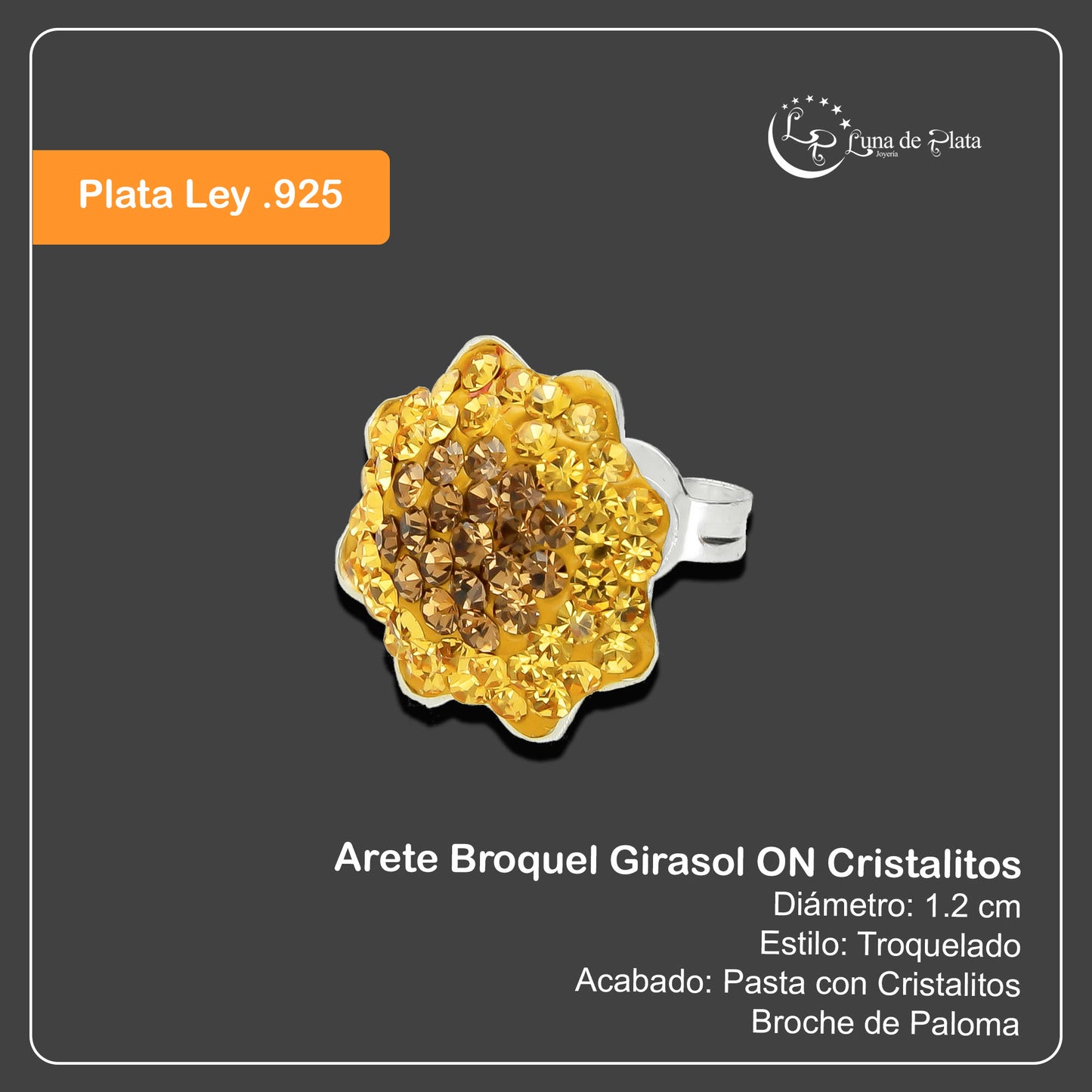 LPAP065 Arete Broquel Girasol ON Cristalitos en Plata .925 Taxco 2018806329