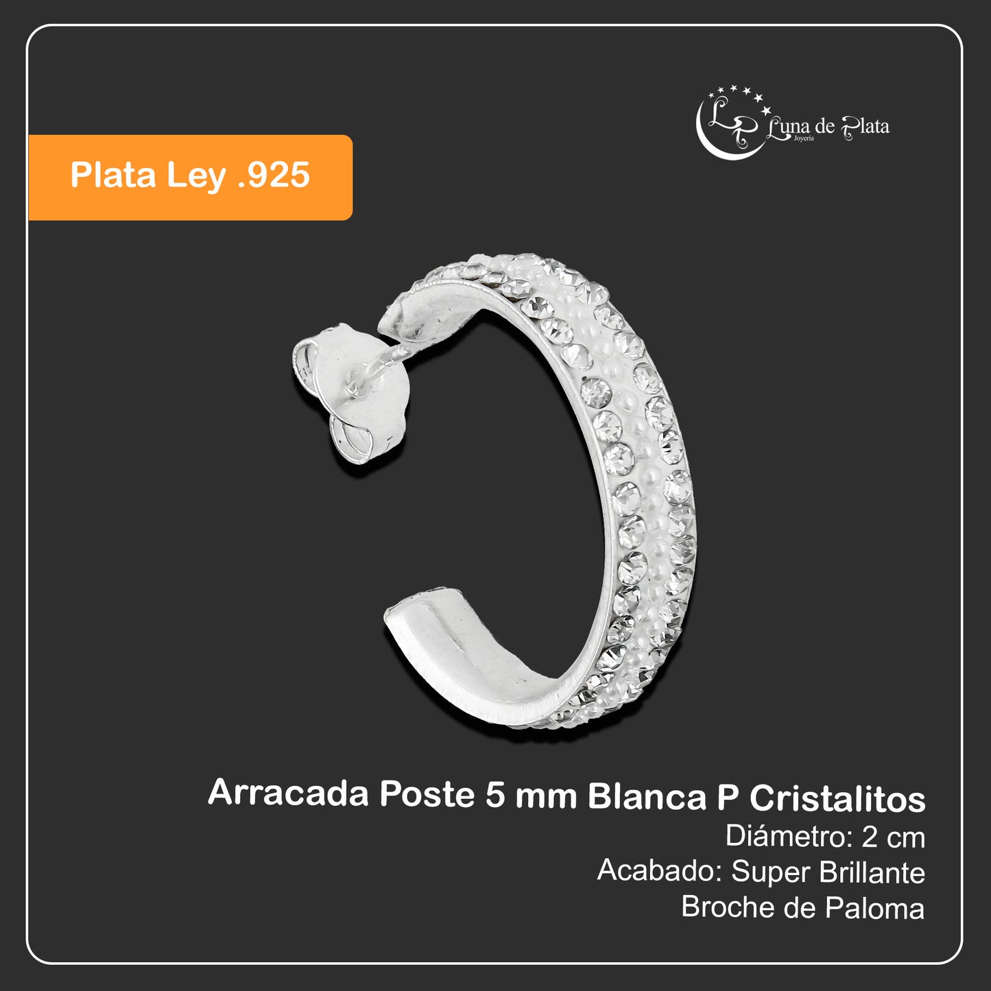 LPAP070 Arracada Poste 5 mm Blanca P Cristalitos Plata .925 Taxco 2878539180