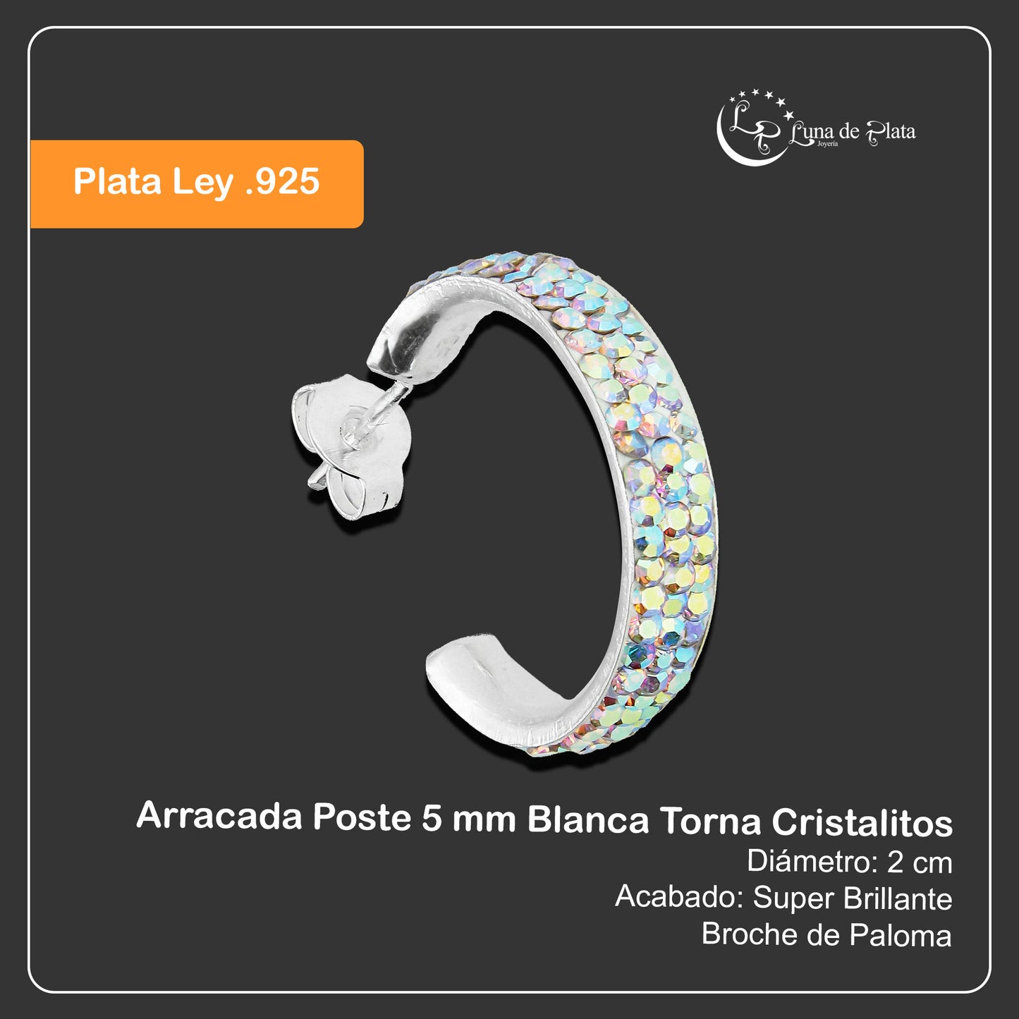 LPAP071 Arracada Poste 5 mm Blanca Torna Cristalitos Plata .925 Taxco 2020397067