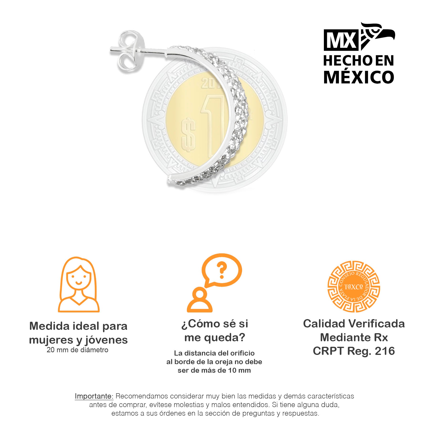 LPAP073 Arracada Poste 7 mm Blanca Cristalitos Plata .925 Taxco 2878725678