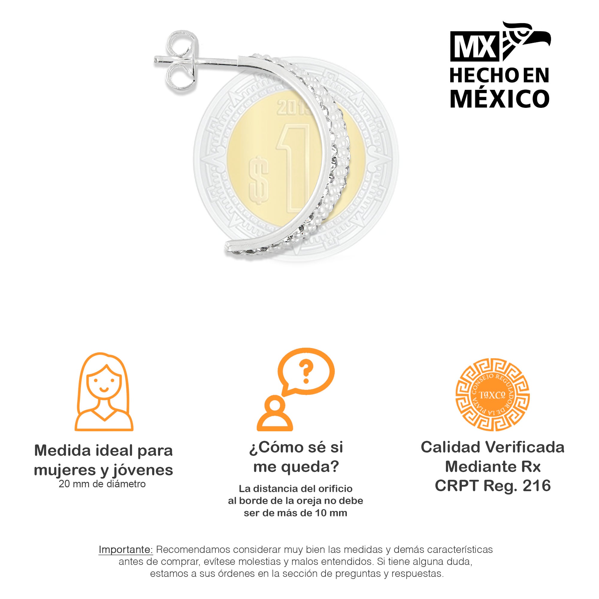 LPAP074 Arracada Poste 7 mm Blanca P Cristalitos Plata .925 Taxco 2020525431