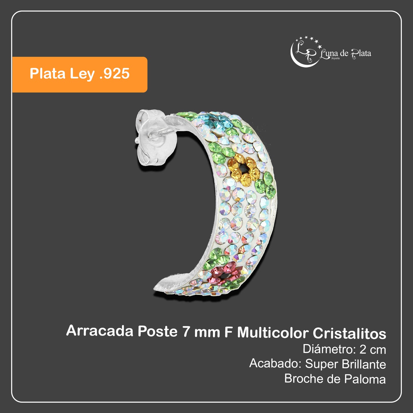 LPAP076 Arracada Poste 7 mm F Multicolor Cristalitos Plata .925 Taxco 2881633032