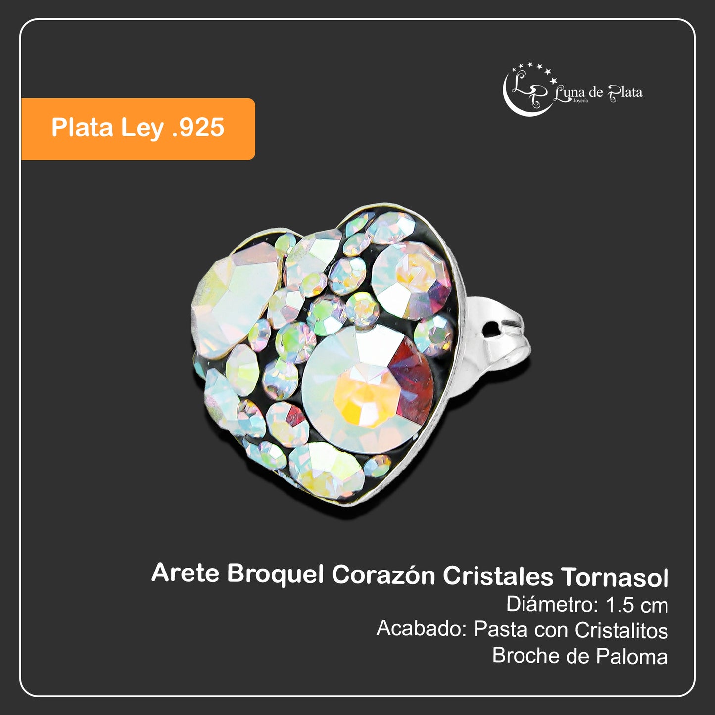 LPAP078 Arete Broquel Corazón Cristales Tornasol Plata .925 Taxco 2020408887