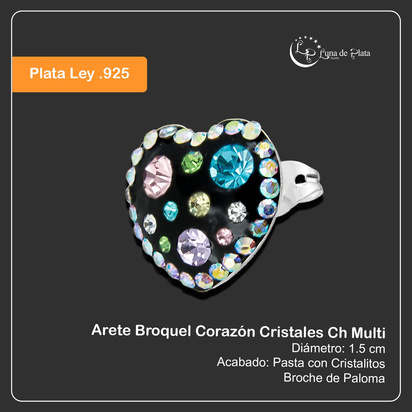 LPAP079 Arete Broquel Corazón Cristales Ch Multi Plata .925 Taxco 2020493815