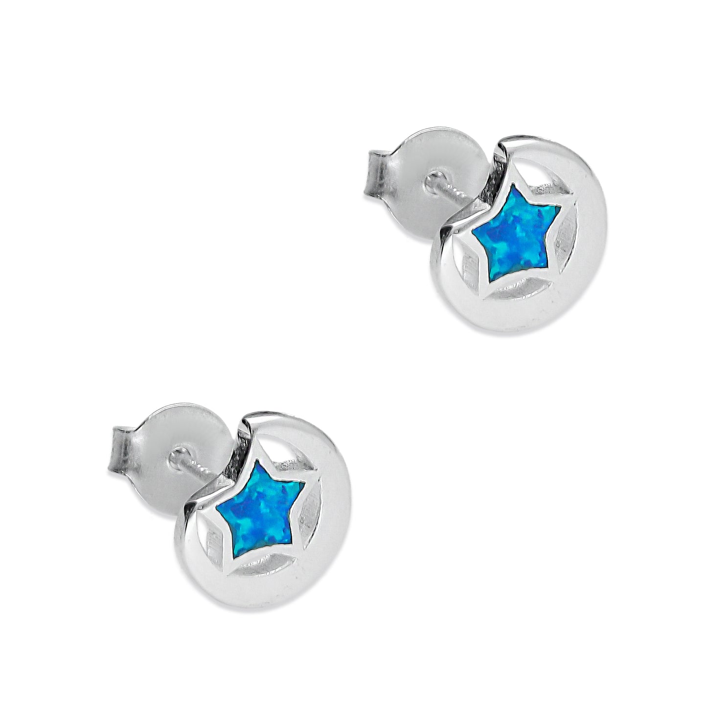 LPAP081 Arete Broquel Luna y Estrella Ópalo Azul Plata .925 Taxco 2040167055