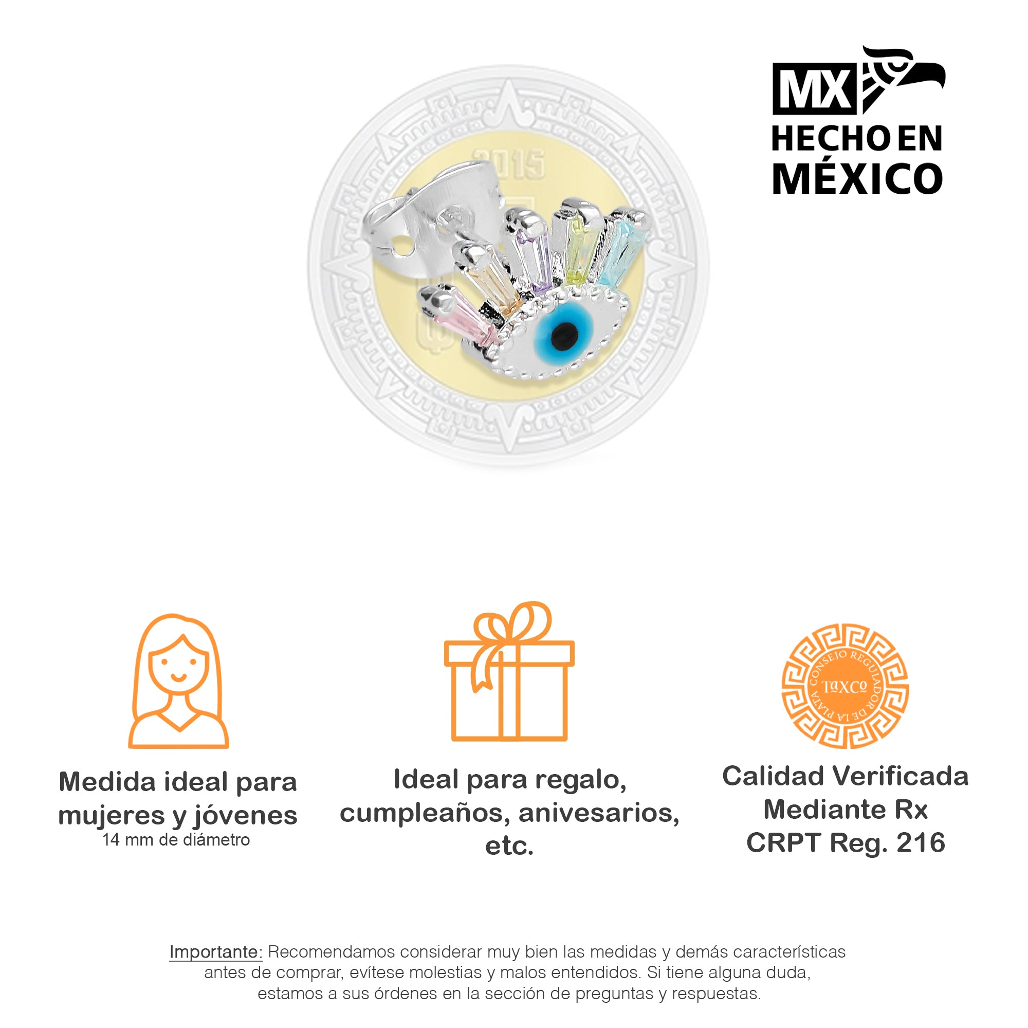 LPAP085 Arete Broquel Ojito Turco Pestañas Multi Plata .925 Taxco 3125960324
