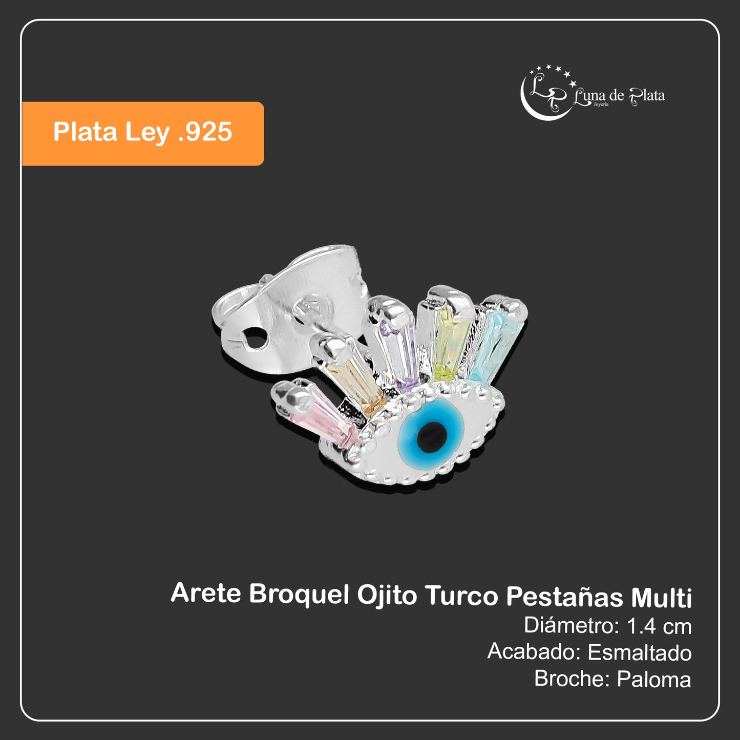 LPAP085 Arete Broquel Ojito Turco Pestañas Multi Plata .925 Taxco 3125960324