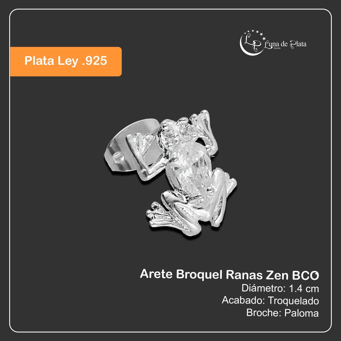 LPAP086 Arete Broquel Ranas Zen BCO Plata .925 Taxco 3125987284