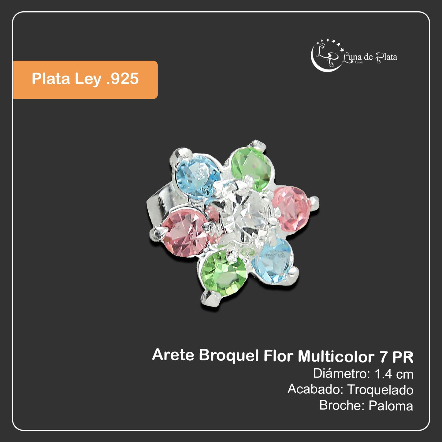 LPAP095 Arete Broquel Flor Multicolor 7 PR Plata .925 Taxco 3138002258