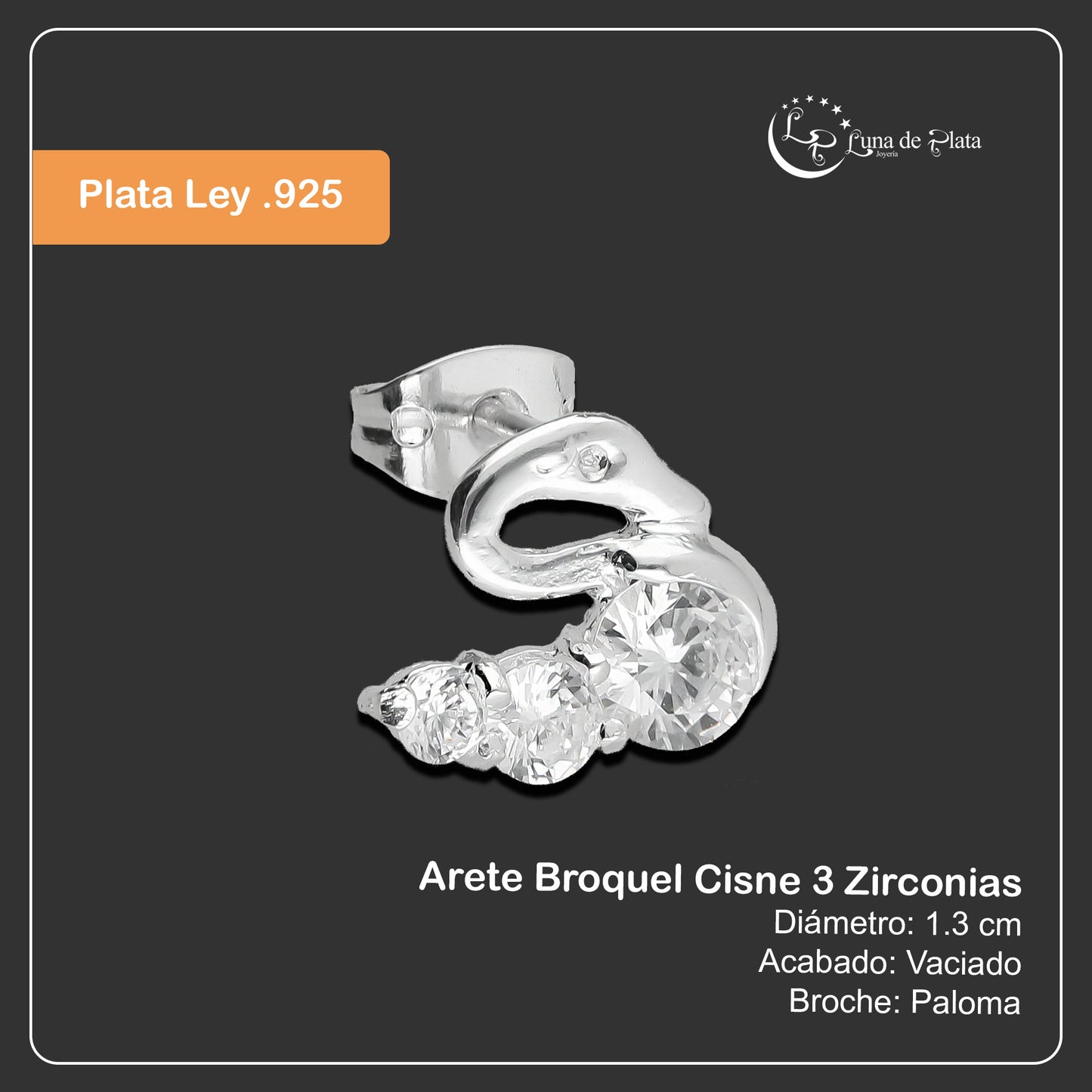 LPAP096 Arete Broquel Cisne 3 Zirconias Plata .925 Taxco 3138030304