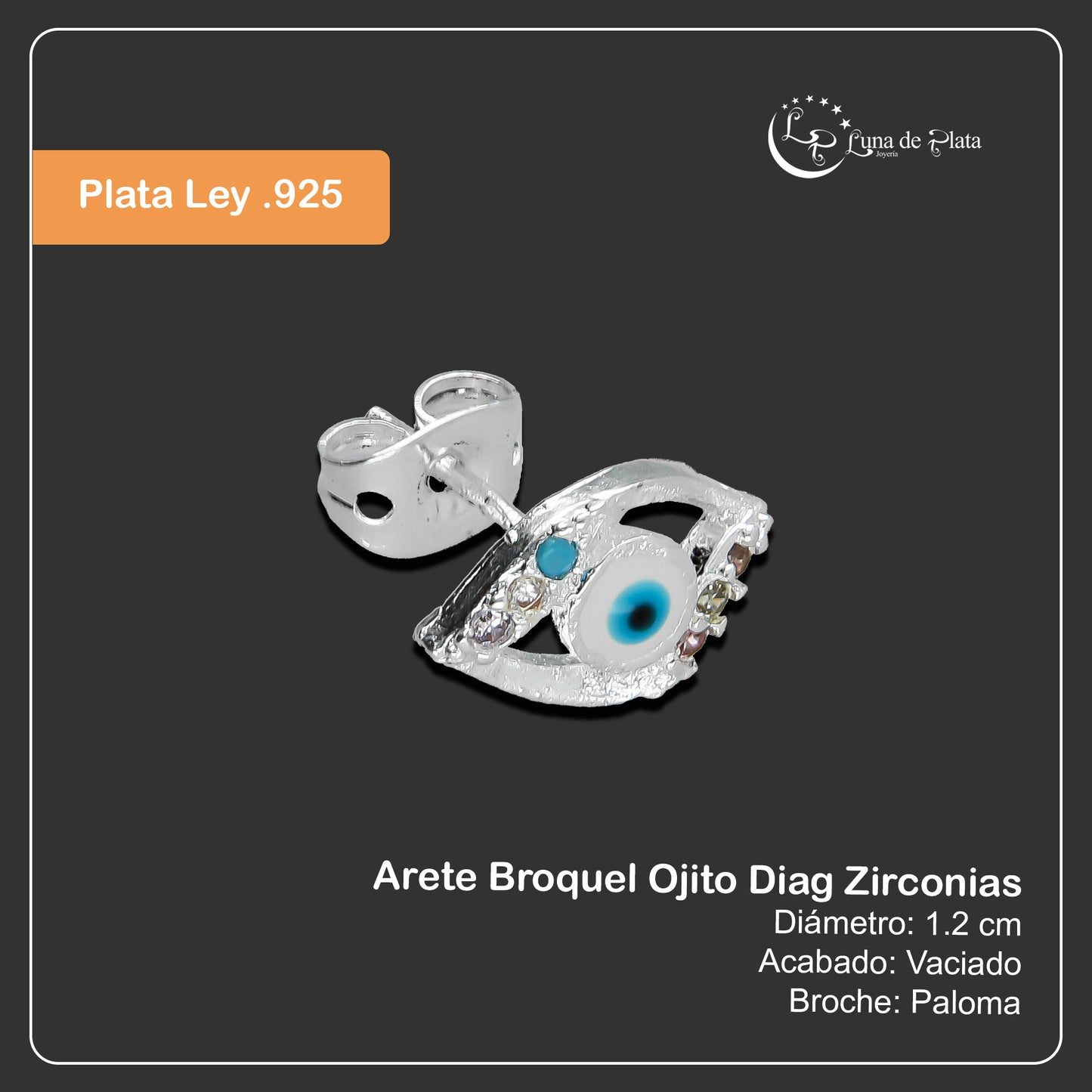 LPAP098 Arete Broquel Ojito Diag Zirconias Plata .925 Taxco 2081005343