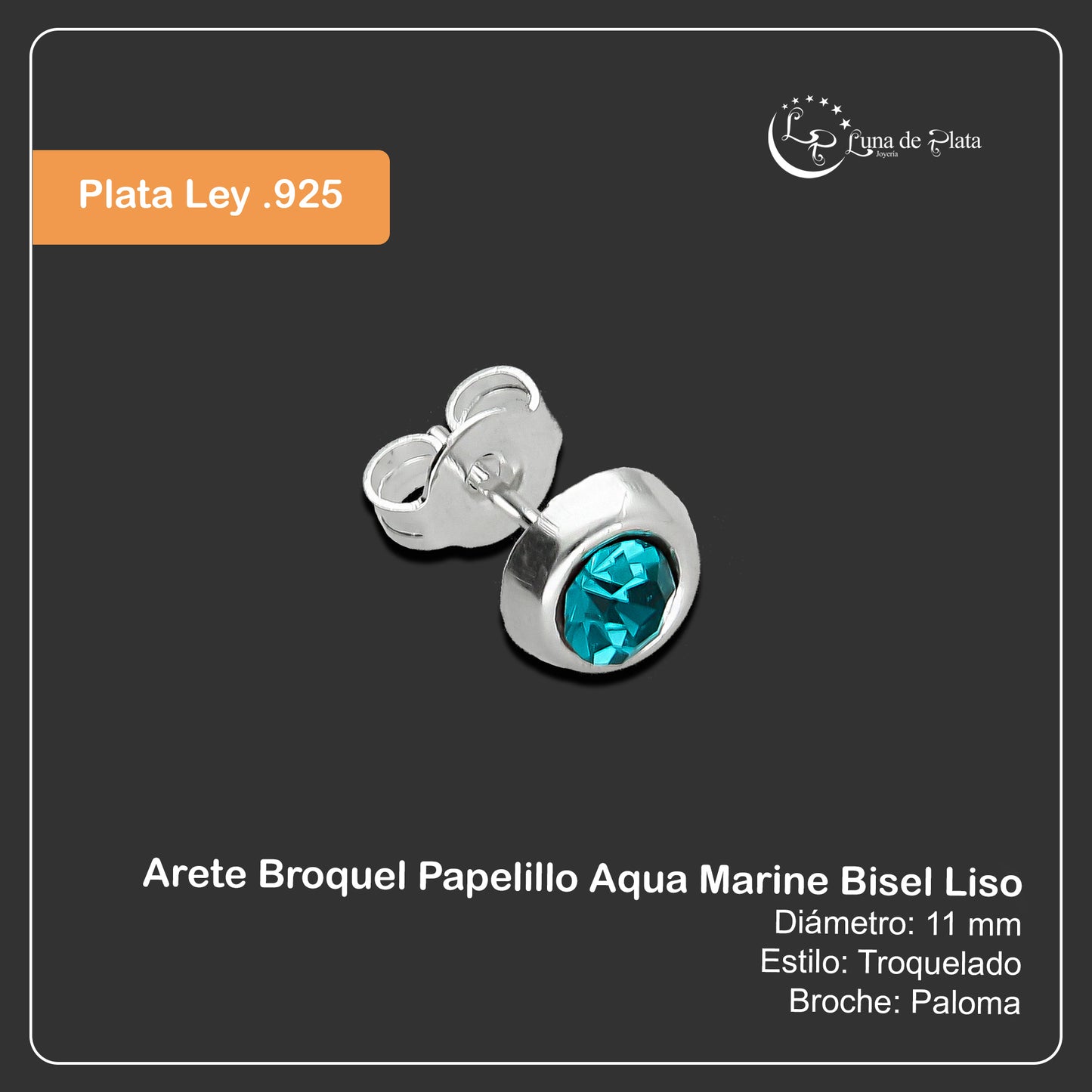 LPAP106 Arete Broquel Papelillo Aqua Marine Bisel Liso Plata .925 Taxco 2090355095